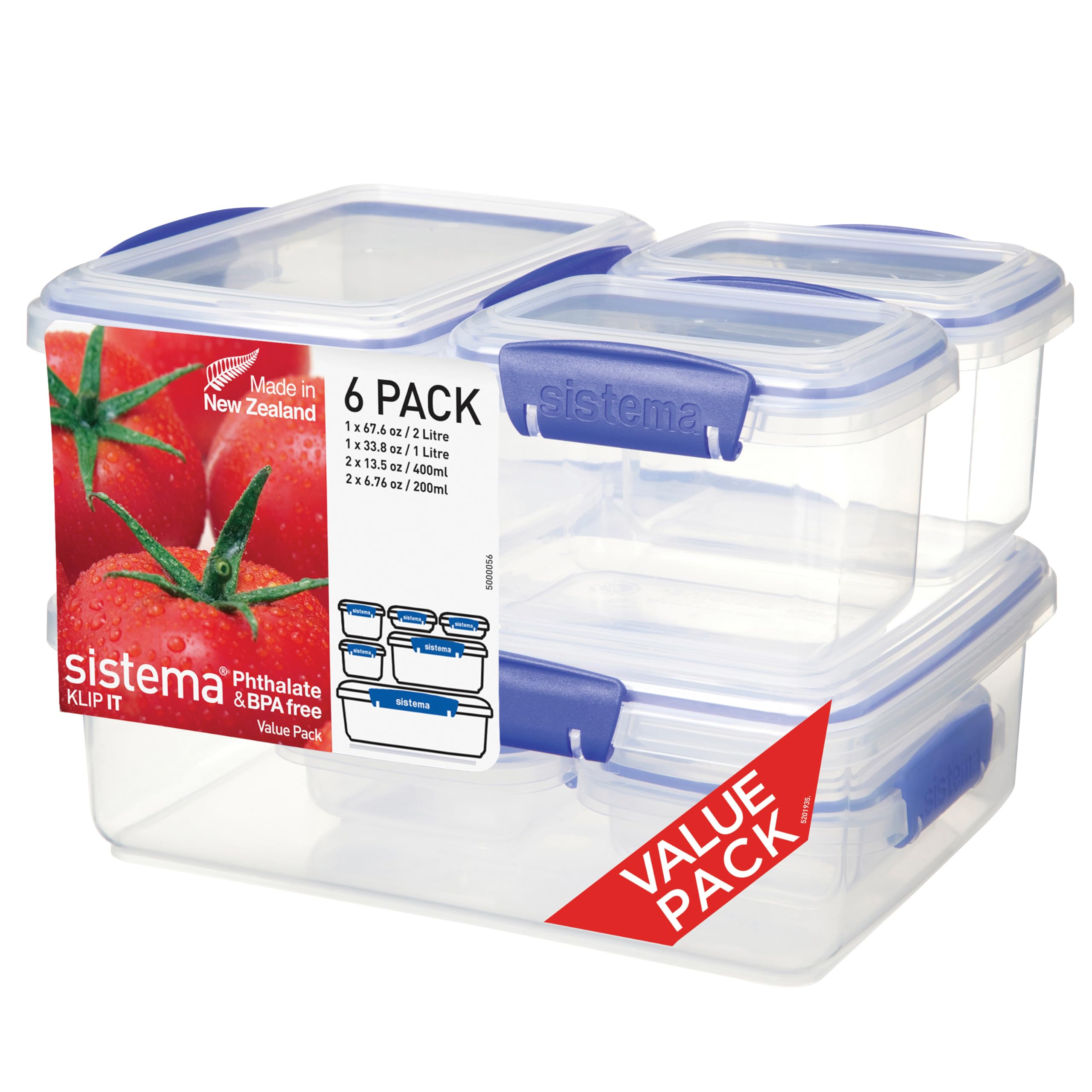 KLIP IT Food Storage Containers | 2 L1 L400 ml200 ml | Airtight & Stackable Meal Prep Containers with Lids | School Lunch Boxes & Snack Boxes | 12 Count (6 Containers with Lids)