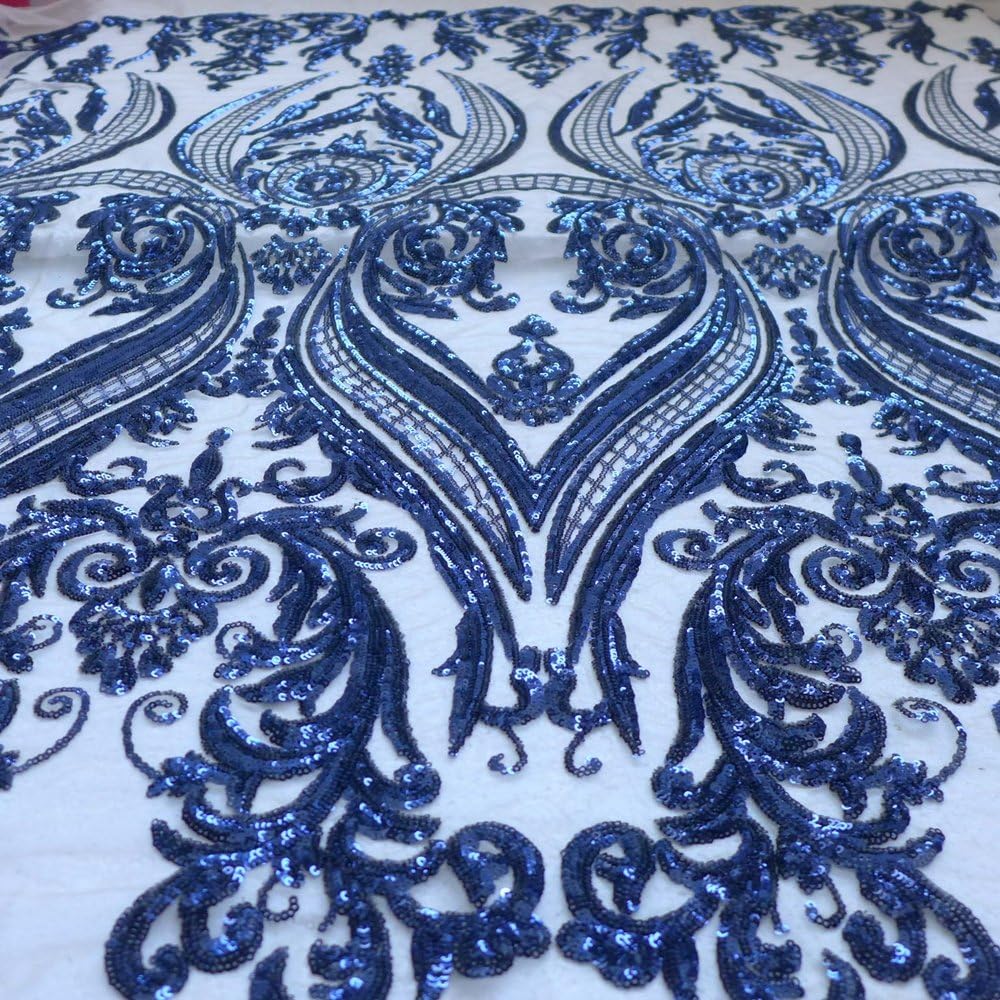 Lace Fabrics New Green/Deep Blue/Gold/Champgane on Beige backgroun Sequins 51'' Width 1 Yard (deep Blue)