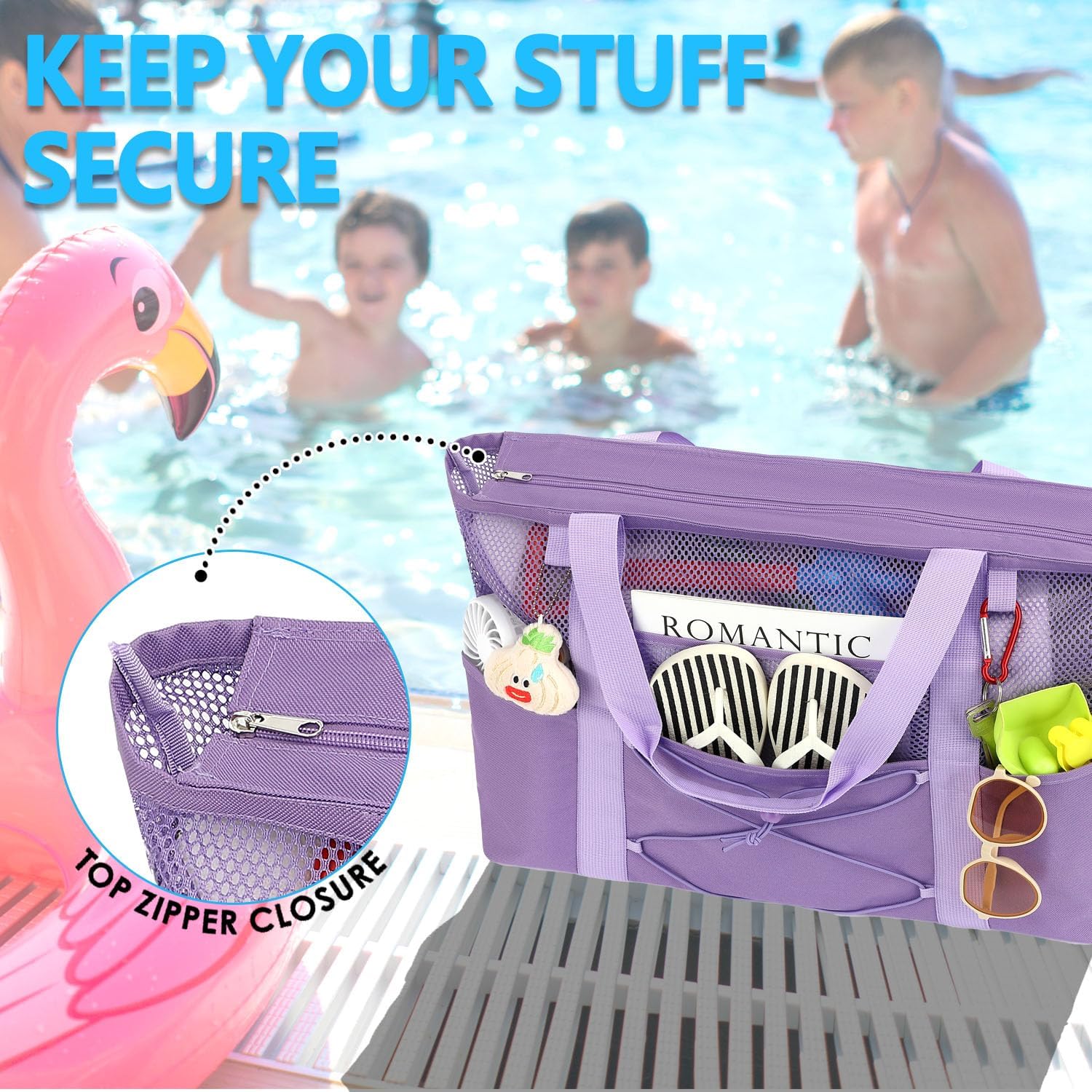 Mesh Beach Bag, Large Beach Tote with Zipper Pocket, Toys Pool Bag for Family Travel Vacation Cruise Essentials - Image 5