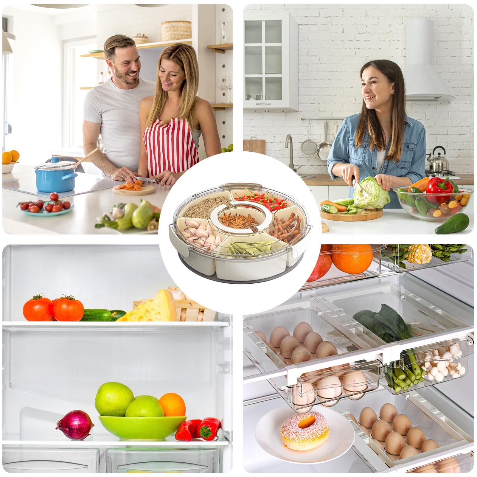 Vassoio per snack con coperchio e maniglia/contenitore portatile per alimenti con 8 scomparti/organizer per alimenti per caramelle, frutta, noci, spezie