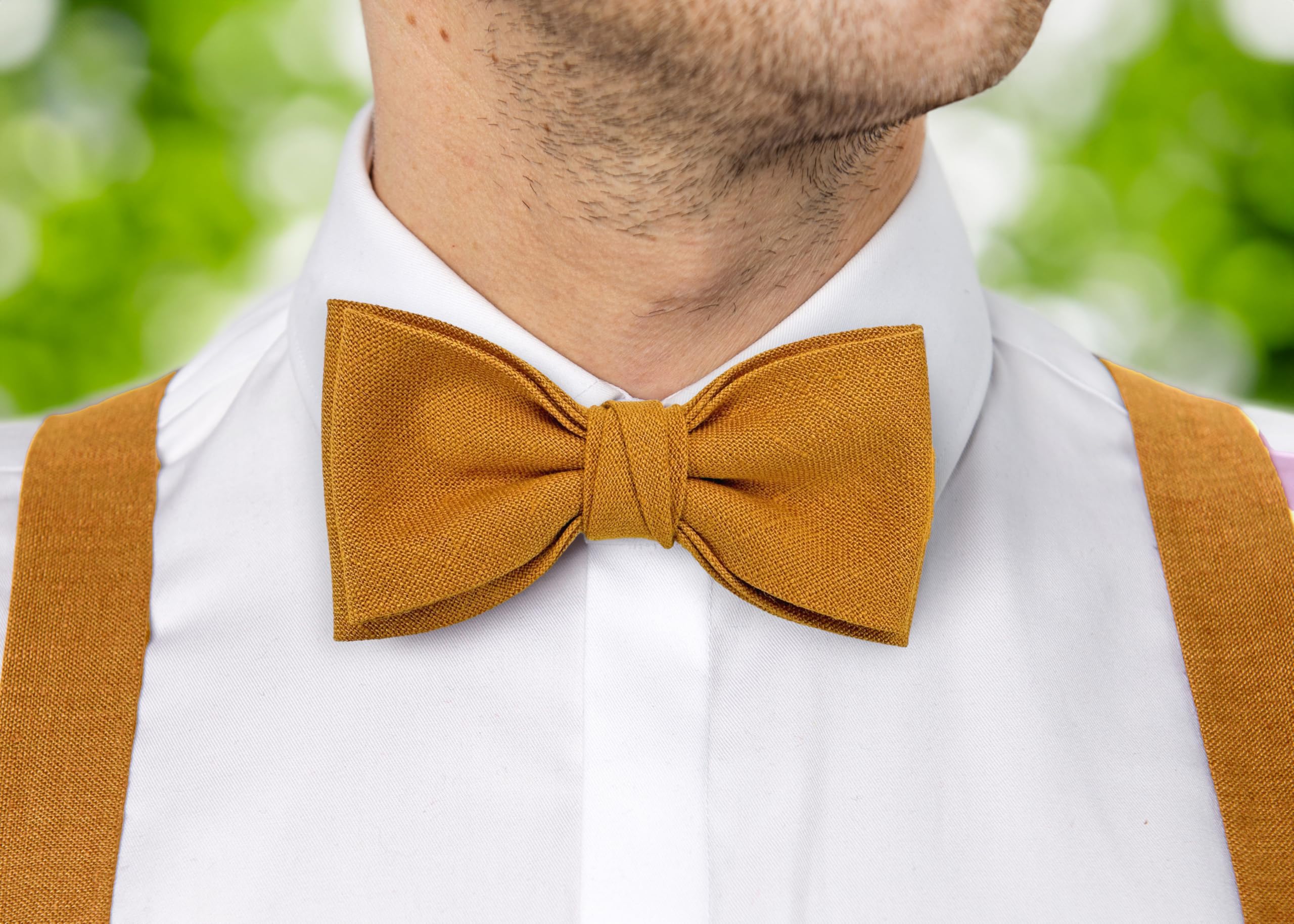 Leinen Fliege, Hosenträger, Einstecktuch für Herren, Voll Einstellbar, Viele Farben (Nr.30 Senf, e) Fliege, Einstecktuch und Hosenträger)