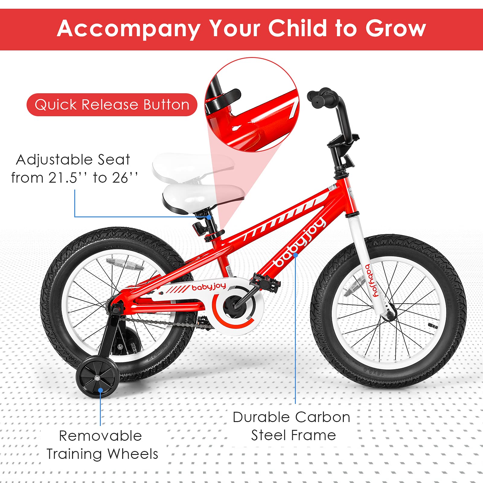 BABY JOY Kids Bike, 16 Inch Boys Bike w/Removable Training Wheels, Adjustable Seat & Safe Brake for Emergency Braking, Kids Bicycles for 5-8 Years Old Children