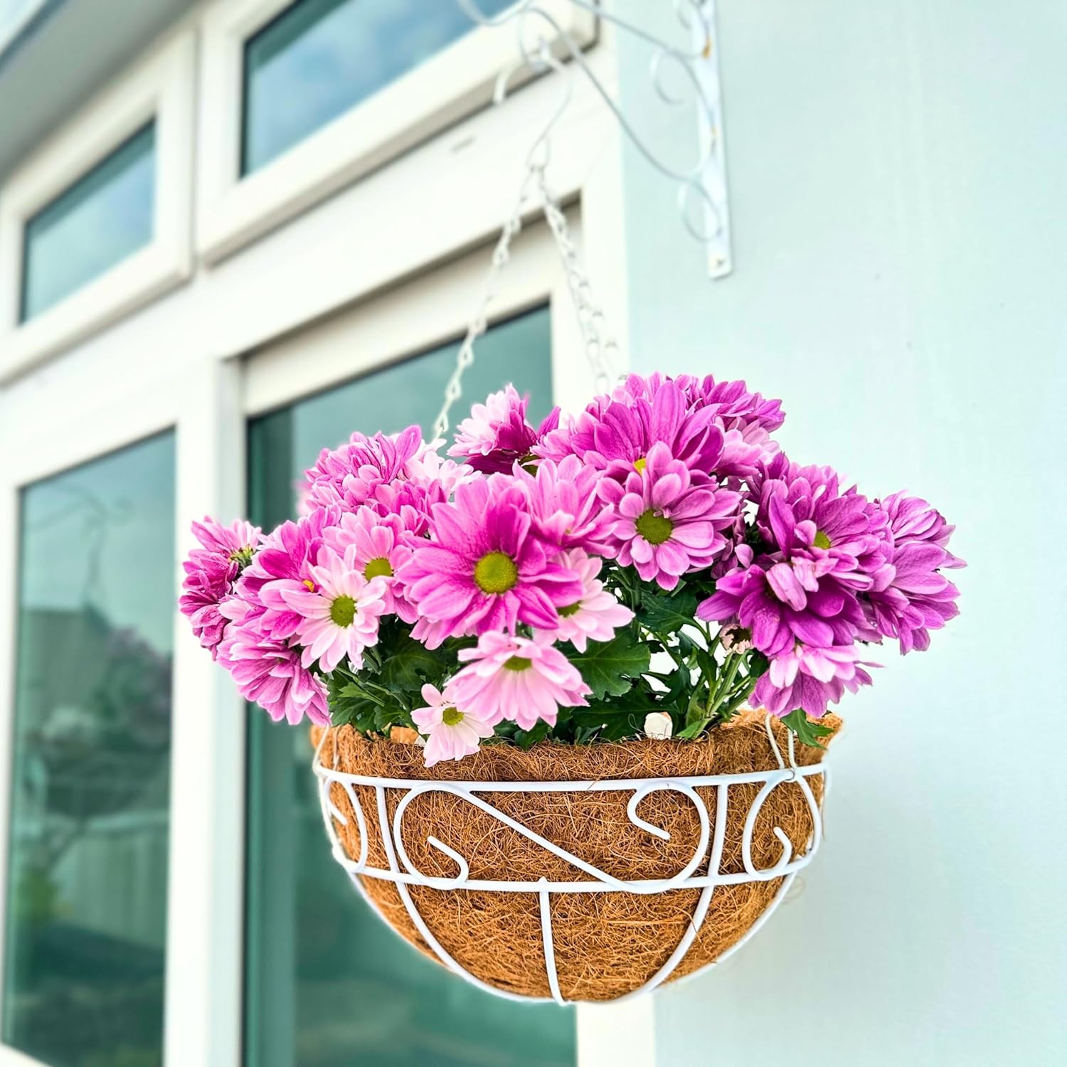 LaLaGreen Hanging Planter for Outdoor Plants (2 Pack, 10 Inch) White Hanging Baskets with Coco Liner, Metal Wire Flower Basket Pots with Hook Hanger Balcony Porch Farmhouse Country Style Garden Decor