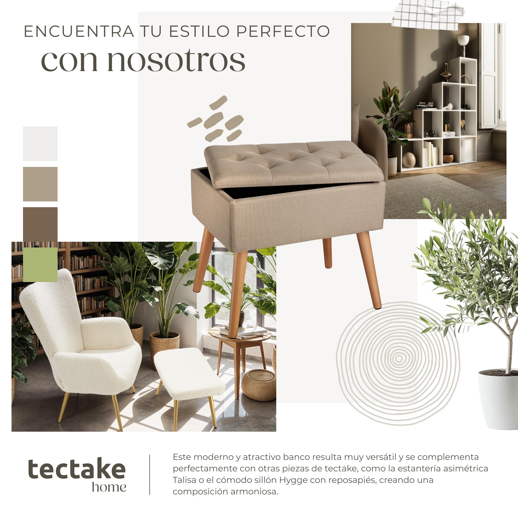 tectake® Puff Almacenaje Dormitorio con Diseño Elegante Efecto Lino, Banco con Almacenaje Práctico, perfecto Taburete Tocador, Puff Reposapies o Banqueta Dormitorio - 51 x 37,5 x 45,5 cm Arena