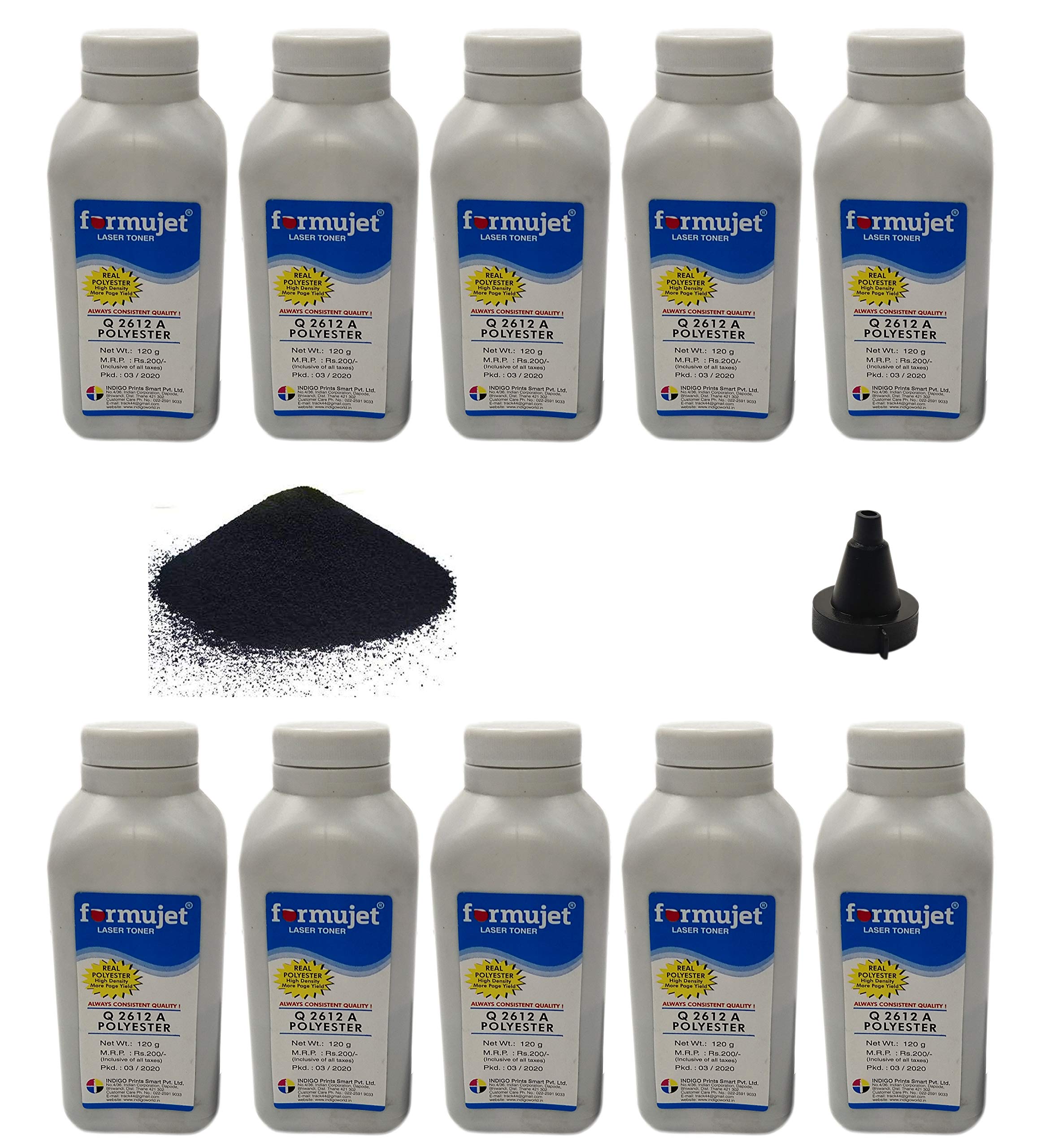 Formujet 12A Polyester Toner Powder for Refilling HP 12A ( Set of 10 Bottles X 120 g ) Canon 303 Toner Cartridges - Best Results for HP Q2612A, 49A, 53A, 05A, 80A, 16A, 42X etc
