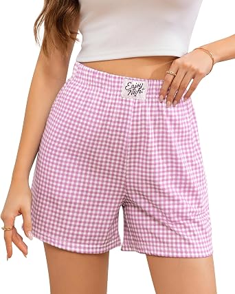ENJOYNIGHT Womens Pajama Shorts Cotton Plaid Lounge Sleep Shorts Summer Casual Bottom with Pockets