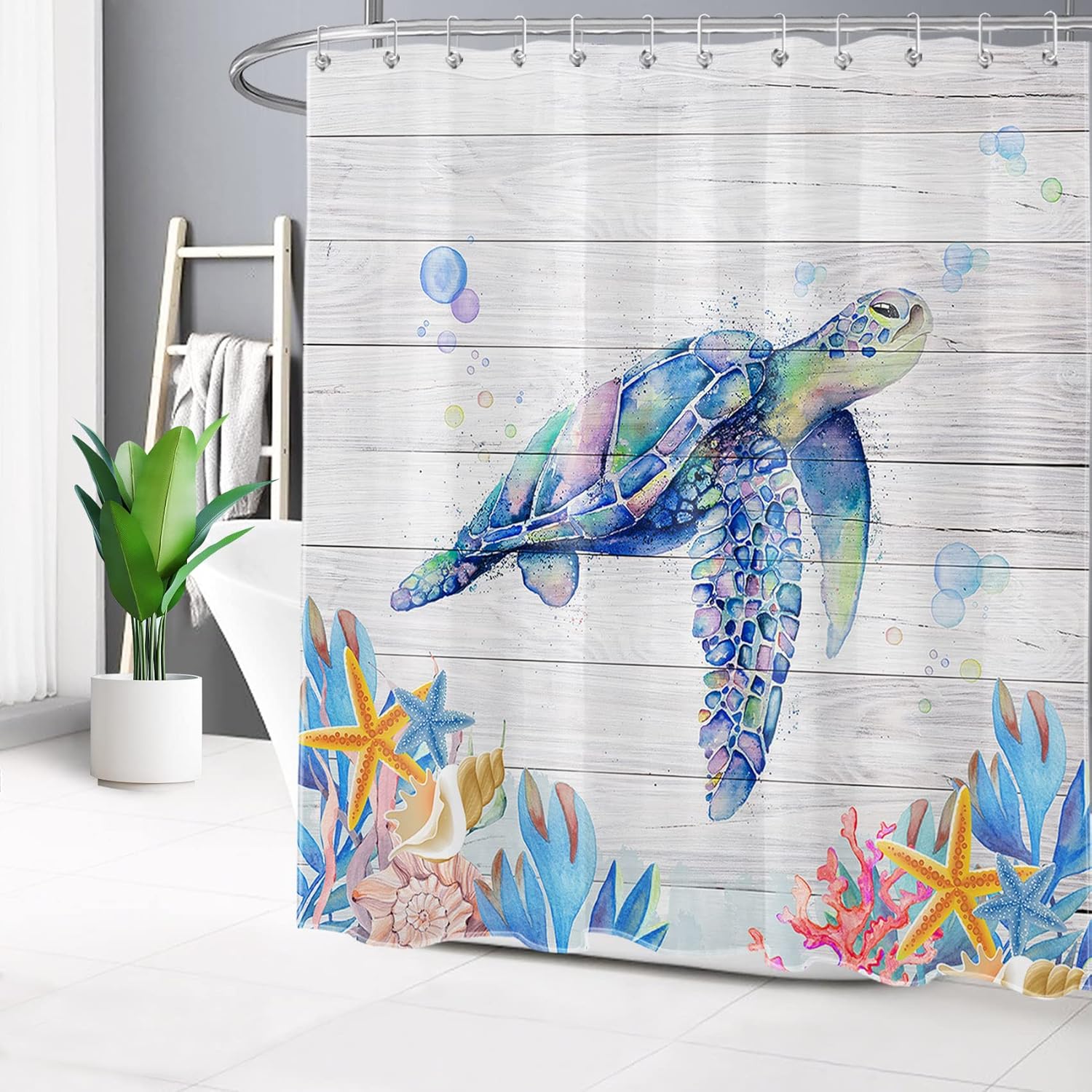 HVEST Sea Turtle Shower Curtain Set Marine Animals Blue Ocean Creature Funny Words on Rustic Wooden Board Vintage Nautical Theme Bathroom Rug,12 Hooks Included Fabric Waterproof