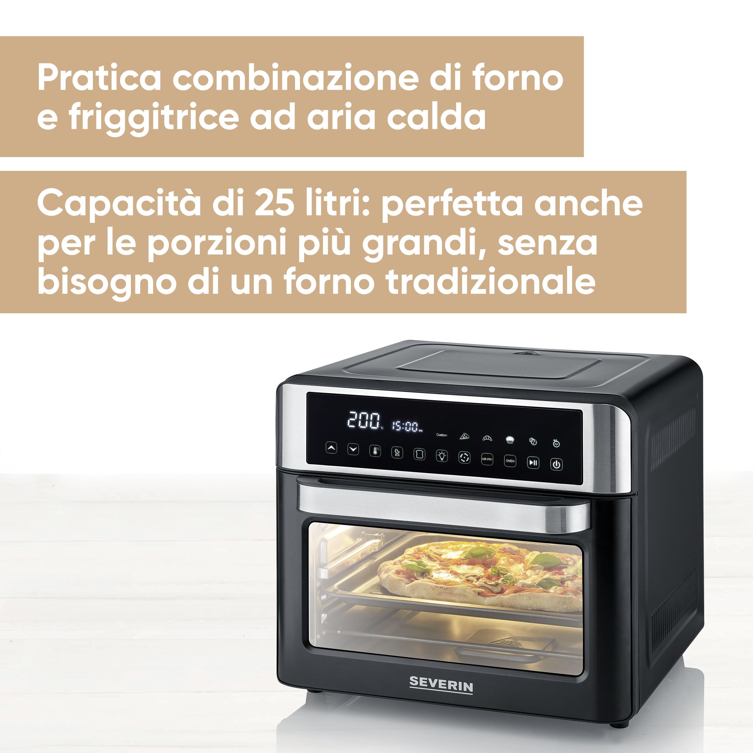 SEVERIN Forno Elettrico e Friggitrice ad Aria, 2200W, 25 Litri, 12 Programmi, Display Touch, No Pre-riscaldamento, Accessori Girarrosto, 41,0 x 45,0 x 37,0 cm, Nero/Inox - TO 9579