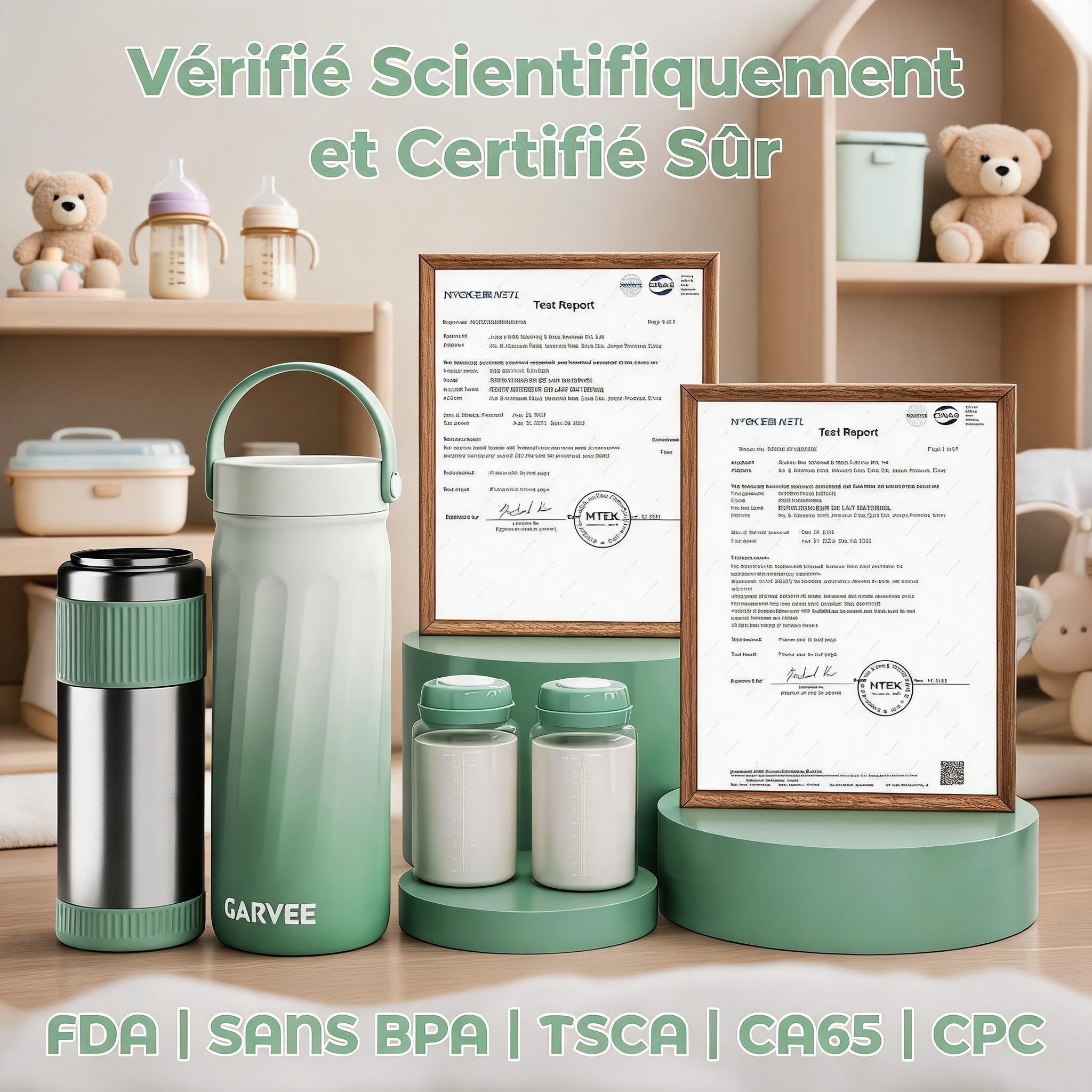 Garvee Glacière Lait Maternel Portable 22oz/300ml, Refroidissement 24h à 360°, Chauffage Intégré, 2 Biberons Inclus, Acier Inoxydable 316 Sans BPA