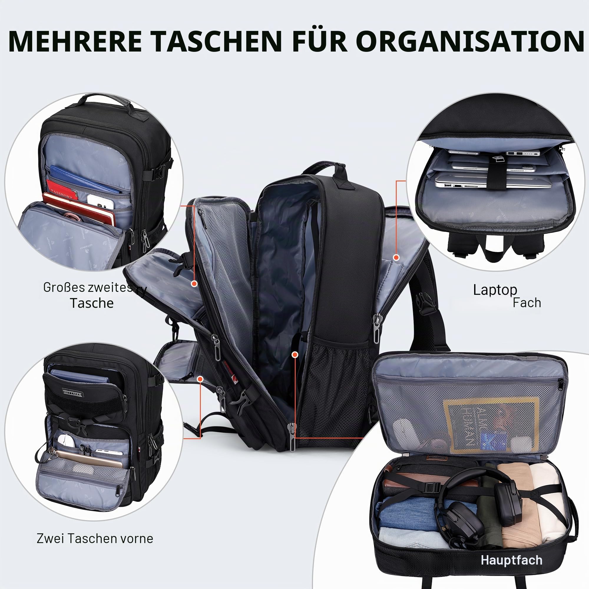 WITZMAN 45L Nylon Reiserucksack Herren 3-in-1 mit Laptopfach | USB-Anschluss, Mehrere Fächer und Flexible Tragemöglichkeiten, Ideal für Reisen und Geschäftsreisen, B688 Schwarz