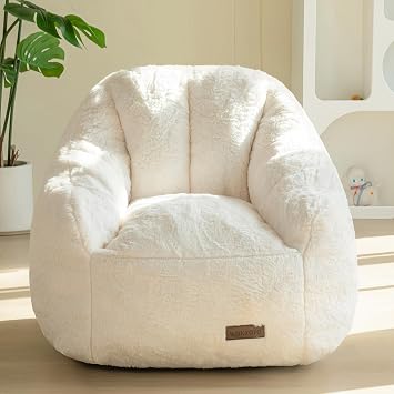 MAXYOYO Kids Bean Bag Chair, Comfy Bean Bag Sofa with Back Support, Faux Fur Cute Chair for Boys and Girls, Stuffed Floor Sofa for Nursery, Bedroom, Beige