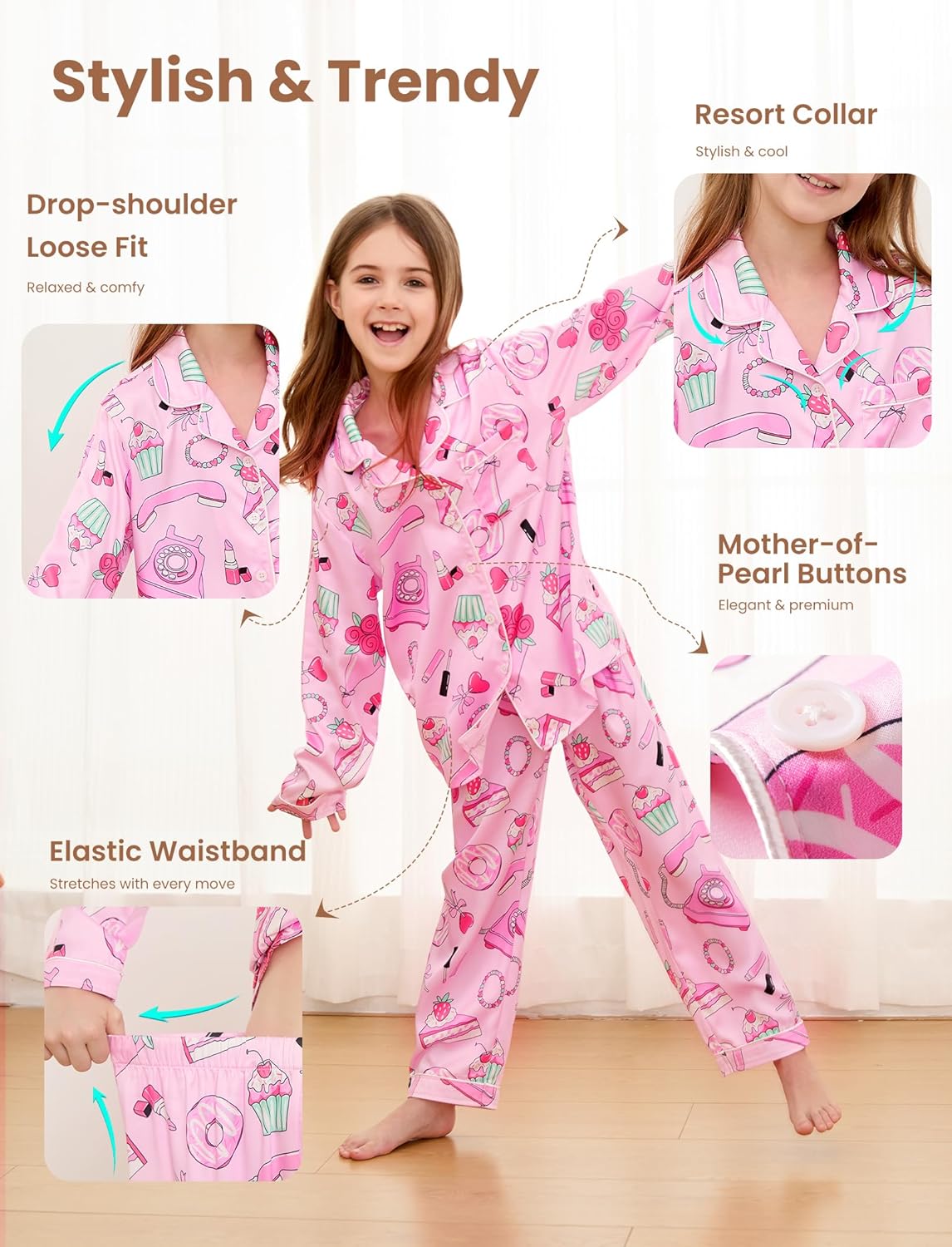 PATPAT Girls Satin Pajama Set - Silky Long Sleeve Sleepwear for Kids with Bag,Ages 5-14 Years - Image 6