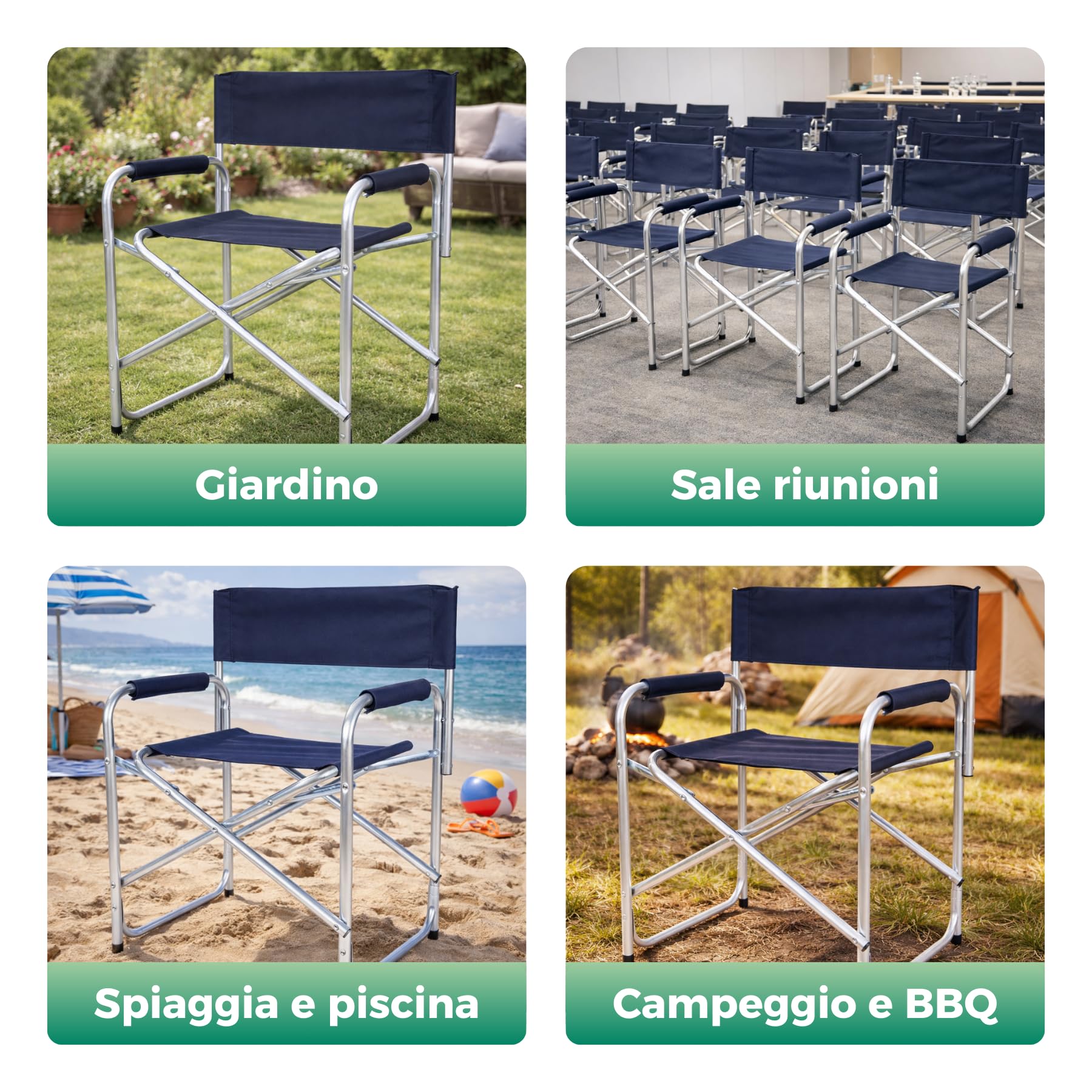 Set 2 Sedie Regista Pieghevoli in Alluminio, Poltrone Regista Campeggio con Braccioli Imbottiti, Salvaspazio e Facili da Trasportare, per Esterno, Giardino, Terrazzo, Sale riunioni, Spiaggia (Grigio)