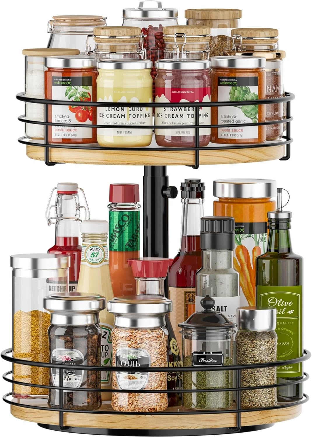 Lazy Susan Spice Rack Organizer Turntable Height Adjustable, 12 Inch Wood Lazy Susan 2 Tier, Rotating Spice Rack Organizer for Cabinet Dining Table Top Kitchen Bathroom Countertop Black