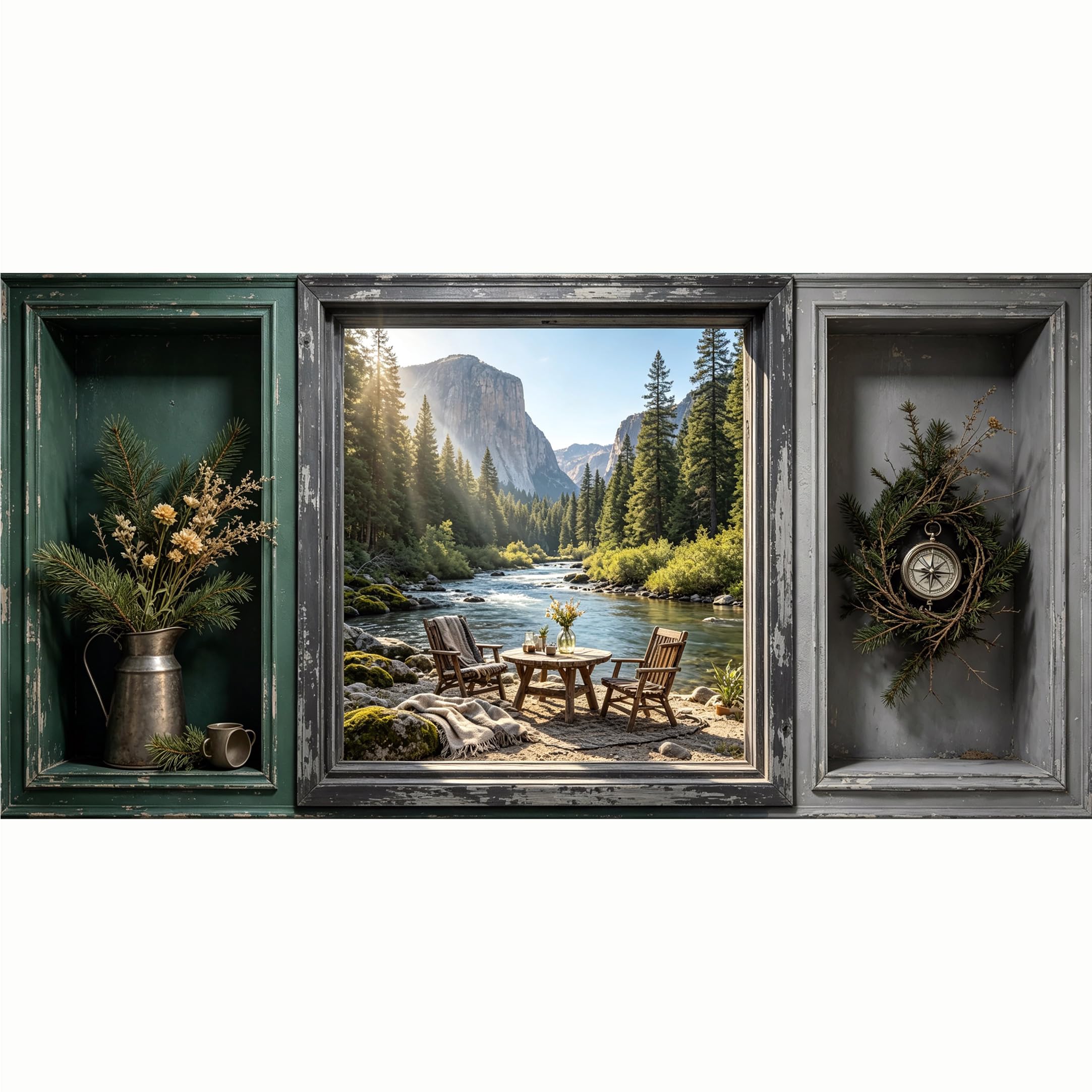 QZLITHOTIC 50x100cm 3D Framed Wall Art， Mountain Lake Forest Landscape Trompe l'oeil Scenic View， Water‑Activated Peel & Stick Fabric Decor Wall Decal for Bedroom Living Room