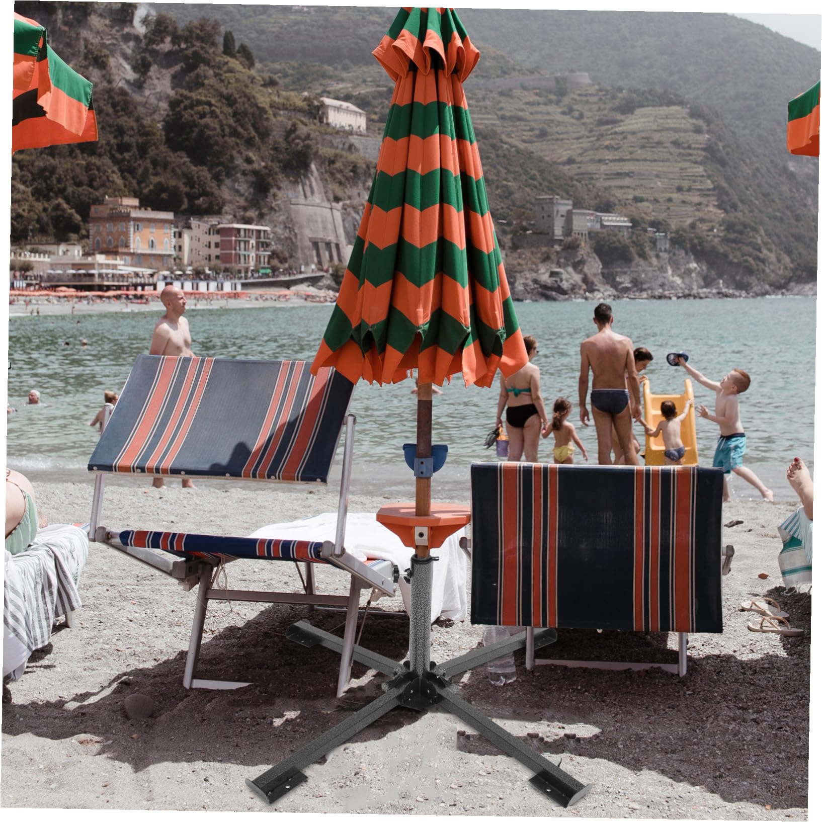 SUPVOX Base Portaombrelli in Ferro Nero a 4 Piedi Pieghevole, Supporto per Ombrellone da Spiaggia Leggero e Stabile per Giardino e Vacanze Estive