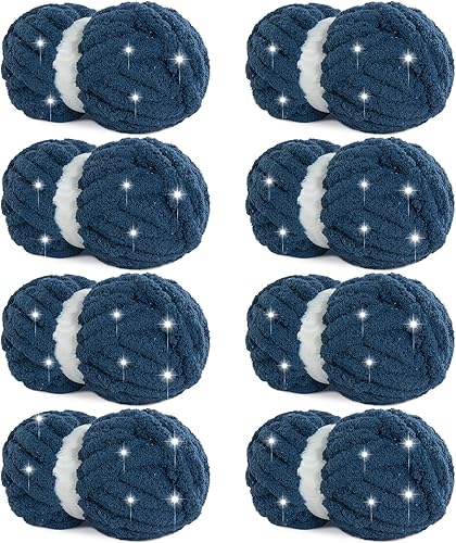 Miniatura 1 de HOMBYS Hilo azul real grueso y brillante para tejer a mano, hilo de felpa suave con purpurina súper voluminoso, hilo de felpilla grueso grande, hilo