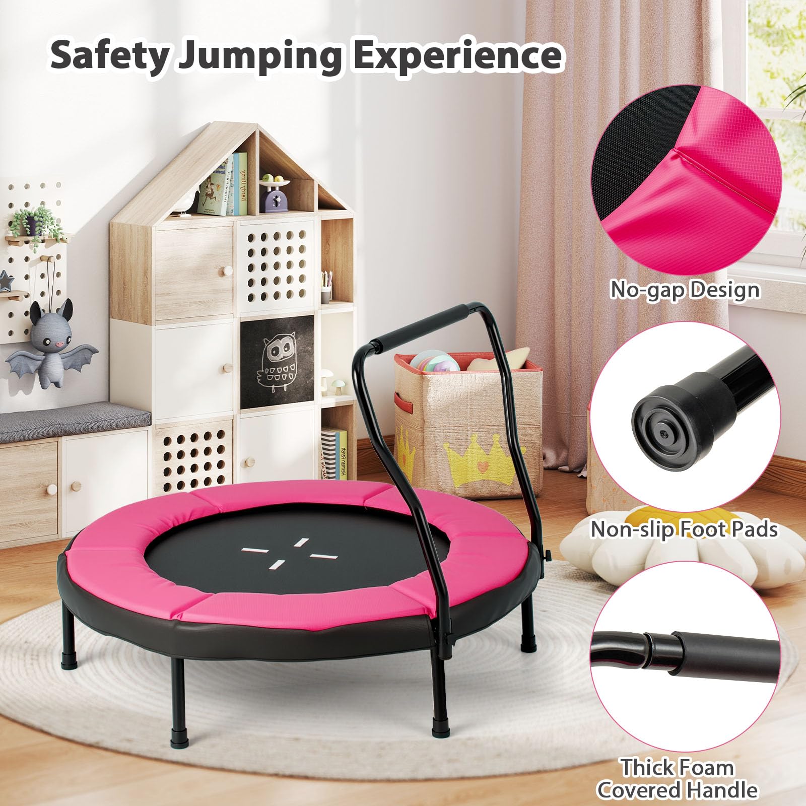 LIFEZEAL Trampolino Elastico Interno, Esterno per Bambini, Tappeto Elastico Fitness, Saltarello, Salta, Pieghevole, Ø102x77cm, con Maniglia Rimovibile, Bordo Protettivo, in Metallo, Max 100kg