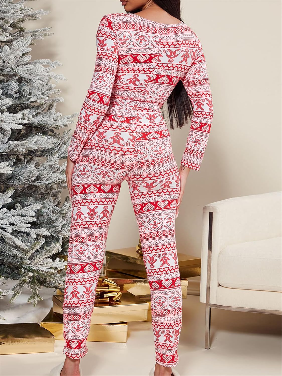 Women Sexy Christmas Button Skinny Pajama Onesie Xmas One Piece Long Sleeve Bodycon Jumpsuit Rompers Party Clubwear - Image 3