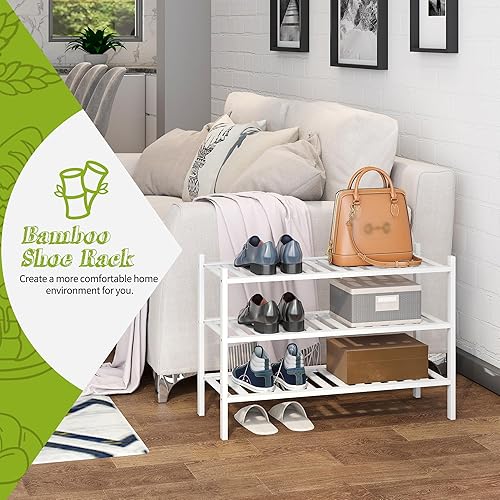 Miniatura 14 de BMOSU - Estante de zapatos pequeño apilable de 3 niveles de bambú premium, organizador de almacenamiento para pasillo, armario, sala de estar y