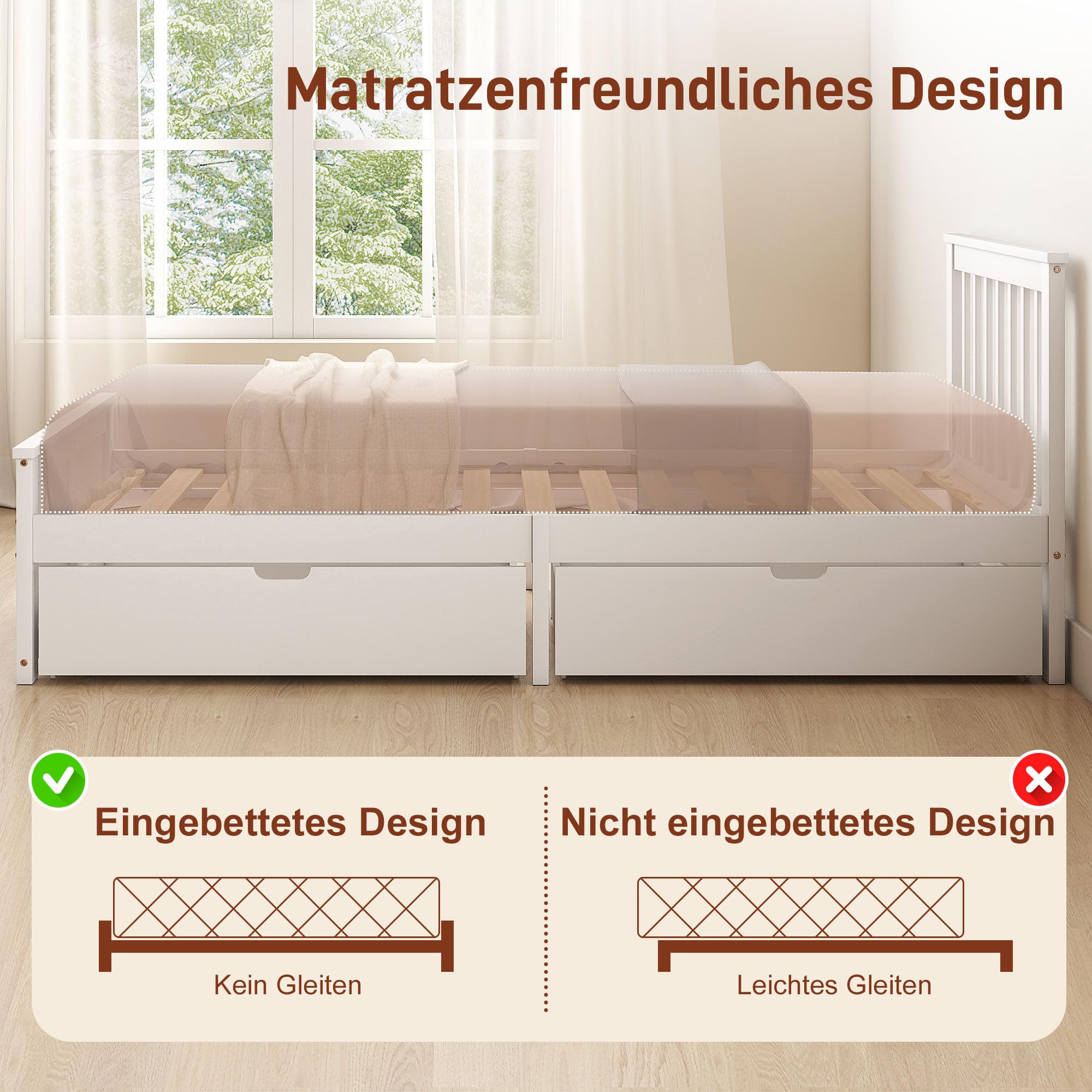 HOMCOM Bett 90 x 200 cm Bettrahmen mit Lattenrost, Schublade, Weiß