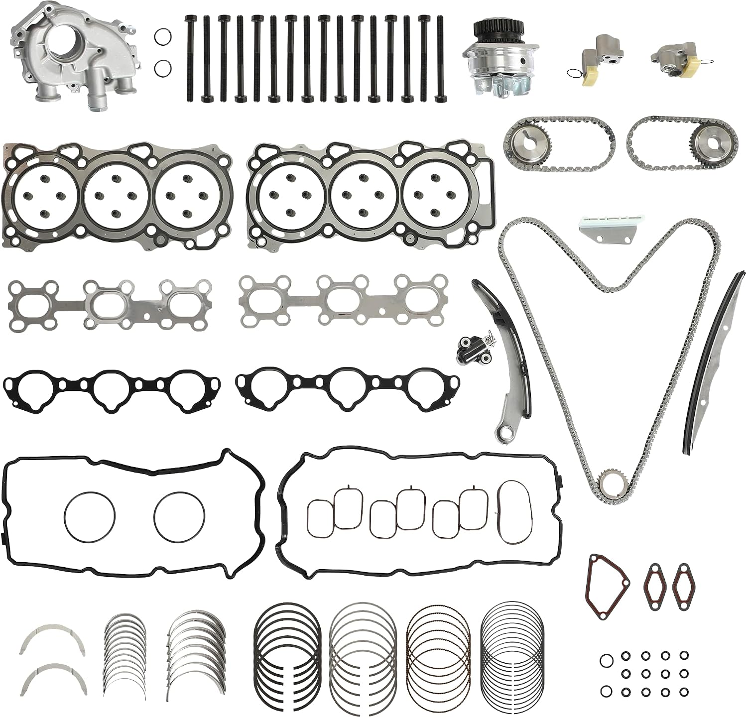 VQ40DE 4.0 Timing Chain Kit Water & Oil Pump Head Gasket Set w/Bolts & Piston Ring Set Fit For Nissan Frontier Pathfinder Xterra NV1500 2500 3500 Suzuki Equator 4.0L V6 2005-2015 HS26370PT 13091-ZK00A