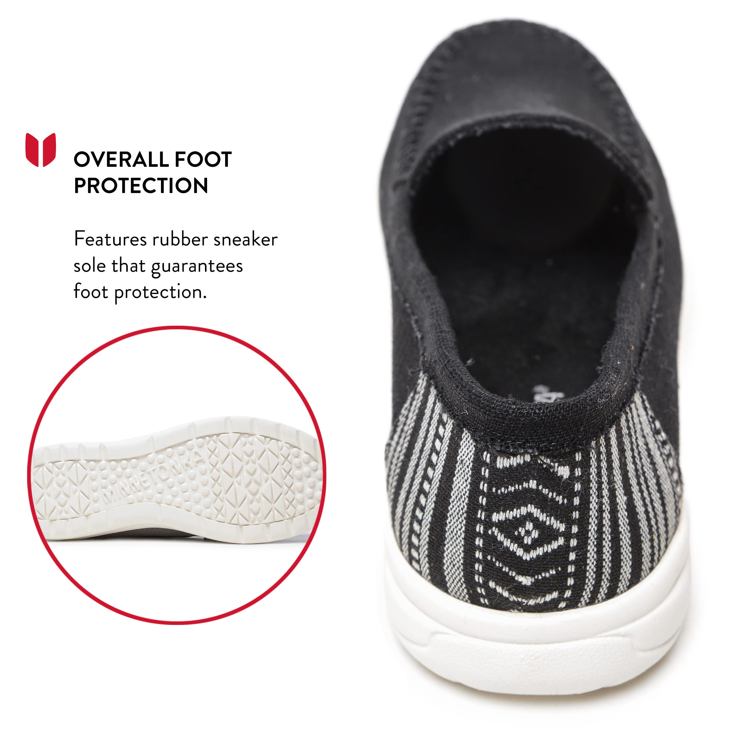 Minnetonka Discover - Zapatillas tejidas para mujer con parte superior de tela, plantilla de espuma viscoelástica, diseño fácil de llevar y suela de goma EVA, perfectas para uso diario casual