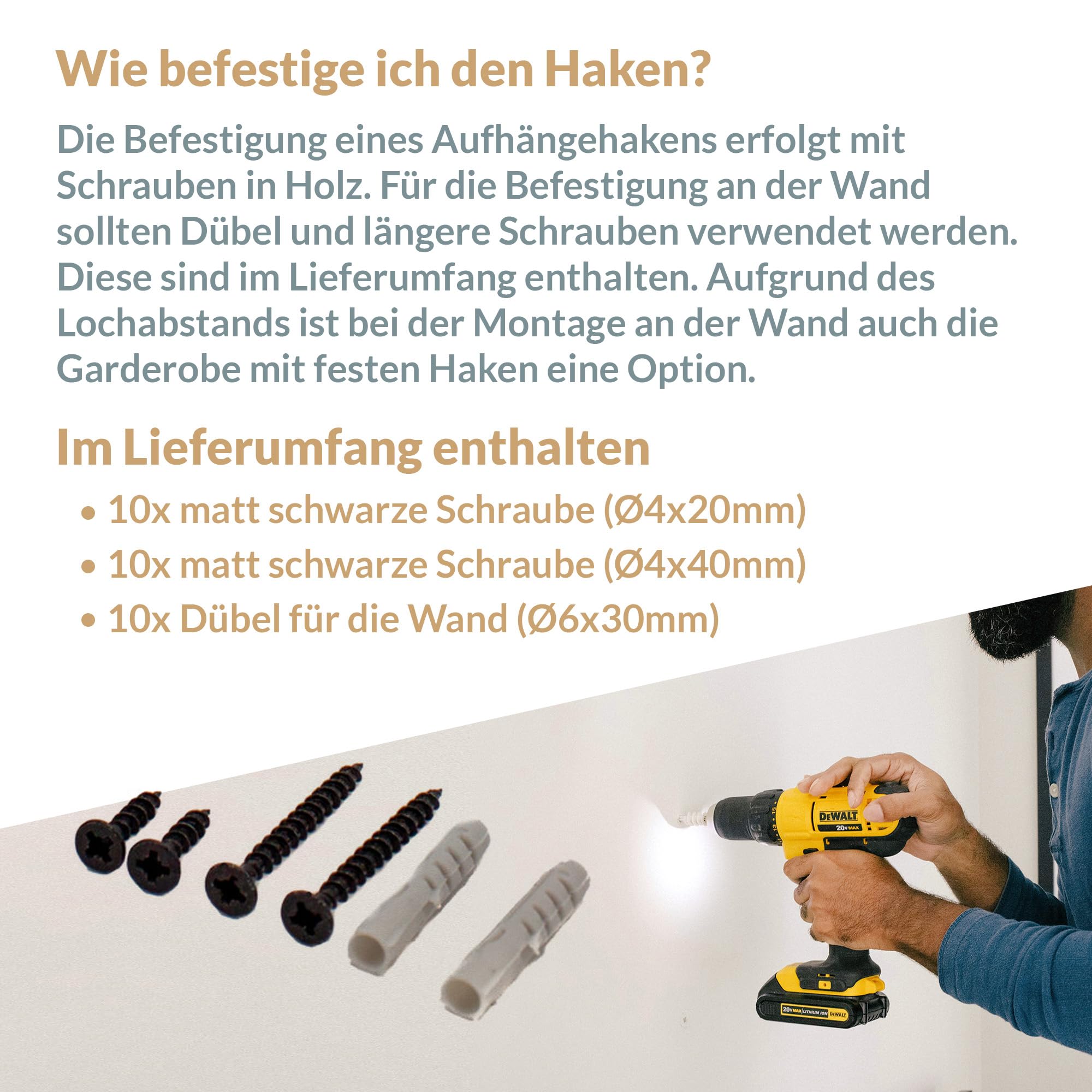 Marcellis Premium Haken, Matt Schwarz, 5x Industrielle Haken (80 kg Tragkraft) - Für einfache Handhabung entworfen mit hochwertiger Verarbeitung und Montagematerial - 11x2x4,2 cm (HxWxD)