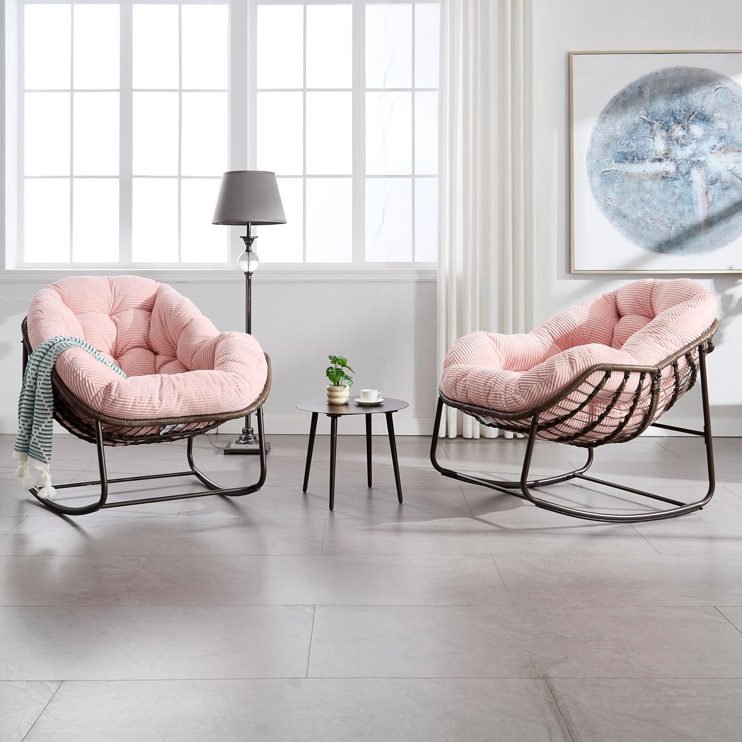 Outdoor Rattan Rocking Chair,Padded Cushion Rocker Recliner Chair Outdoor for Front Porch, Living Room, Patio, Garden (Pink)