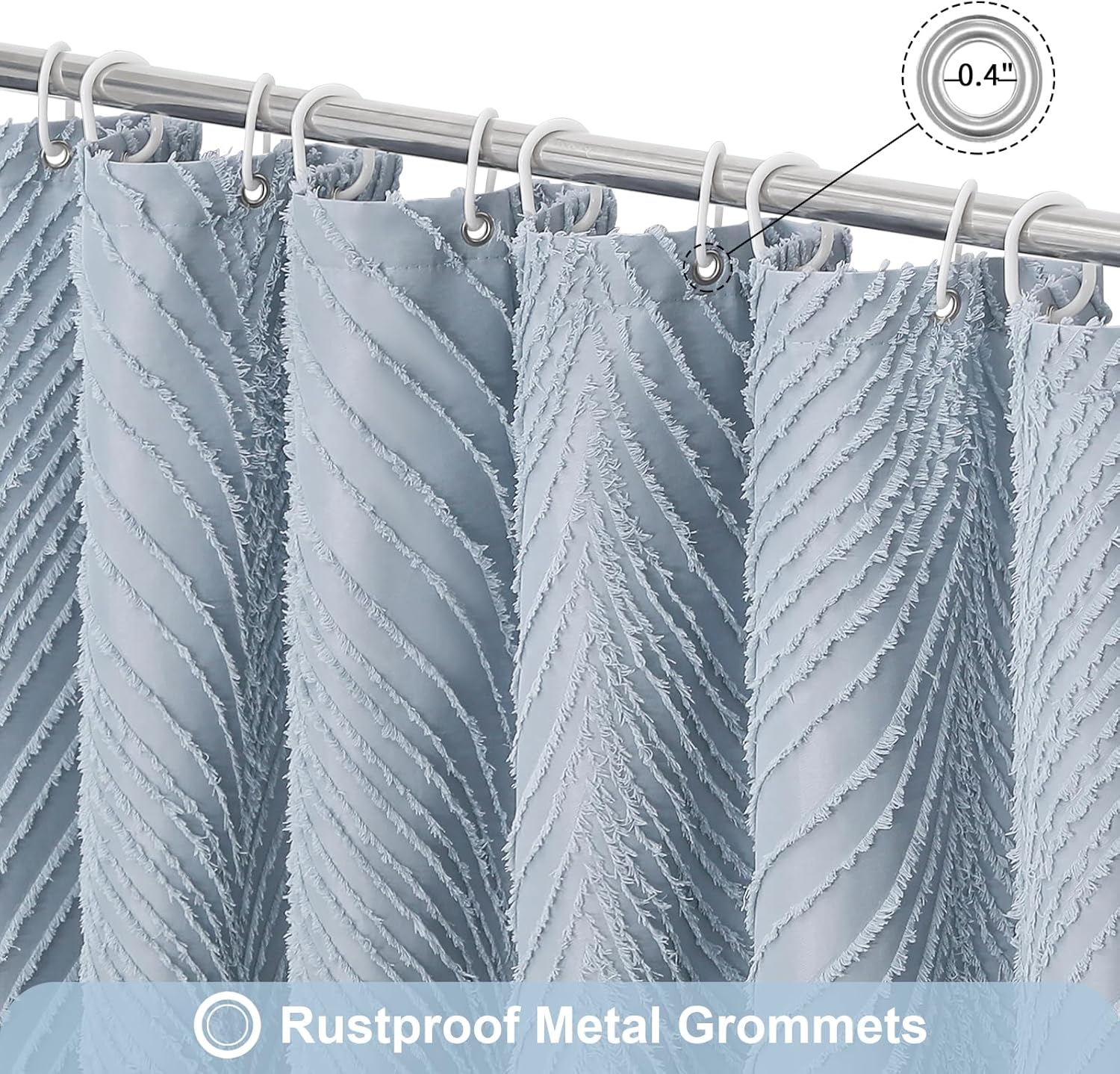 Fog Blue Extra Long Shower Curtain, Modern Minimalist Shower Curtain for Bathroom, Boho Tufted Striped Leaf Textured with 12 Hooks, Machine Washable, 72 x 84 inch