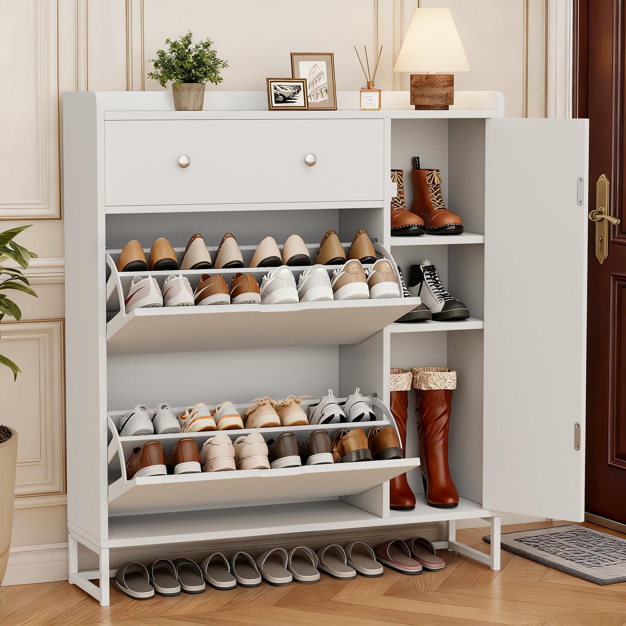 JUMMICO Wooden Shoe Storage Cabinet, Freestanding Shoe Cabinet with 2 Flip Drawer & Door, Hidden Shoe Organizer for Entryway, Hallway & Living Room,