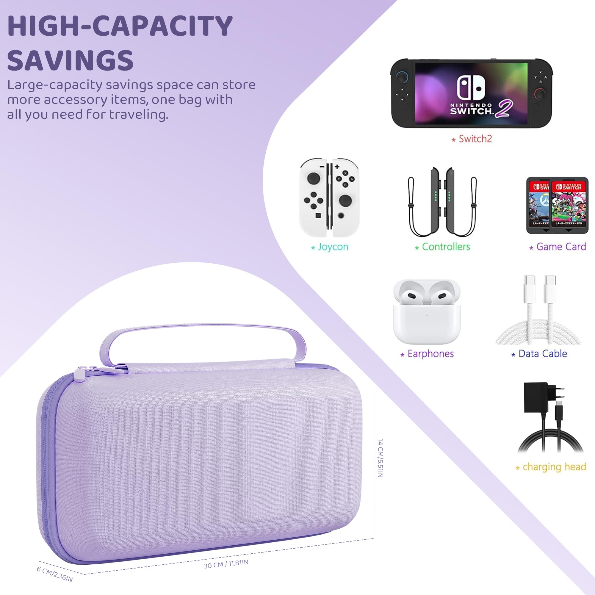 RHOTALL Custodia Viola per Nintendo Switch 2 (2025) 20,06 cm, custodia protettiva portatile da viaggio con 10 scomparti per carte di gioco, custodia rigida per Switch 2, protezione per lo schermo, 2
