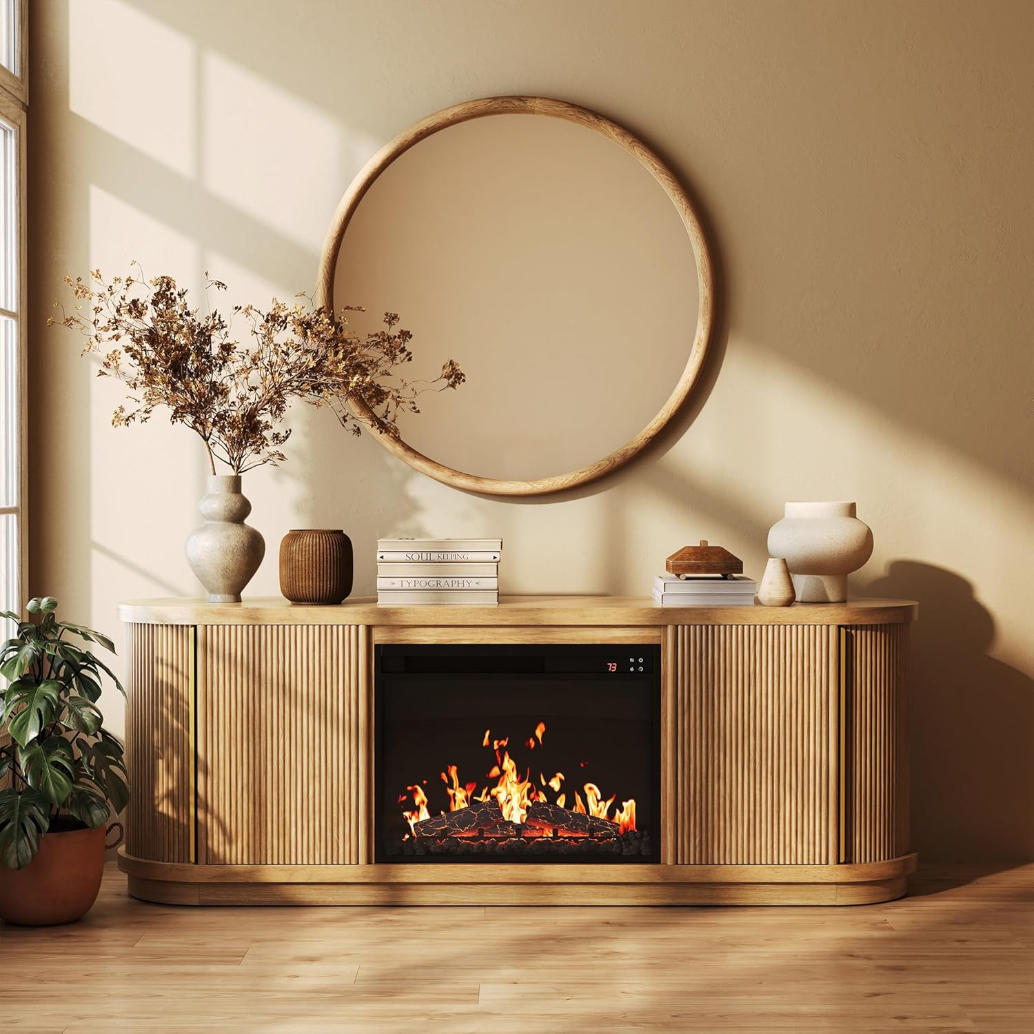 BELLEZE 67" Fluted TV Stand with Electric Fireplace Heater w/Sound, Curved Entertainment Center with Sliding Tambour Doors, Media Console Table for TV up to 75" for Living Room (Camel)