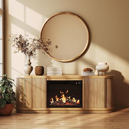 BELLEZE 67" Fluted TV Stand with Electric Fireplace Heater w/Sound, Curved Entertainment Center with Sliding Tambour Doors, Media Console Table for TV up to 75" for Living Room (Camel)