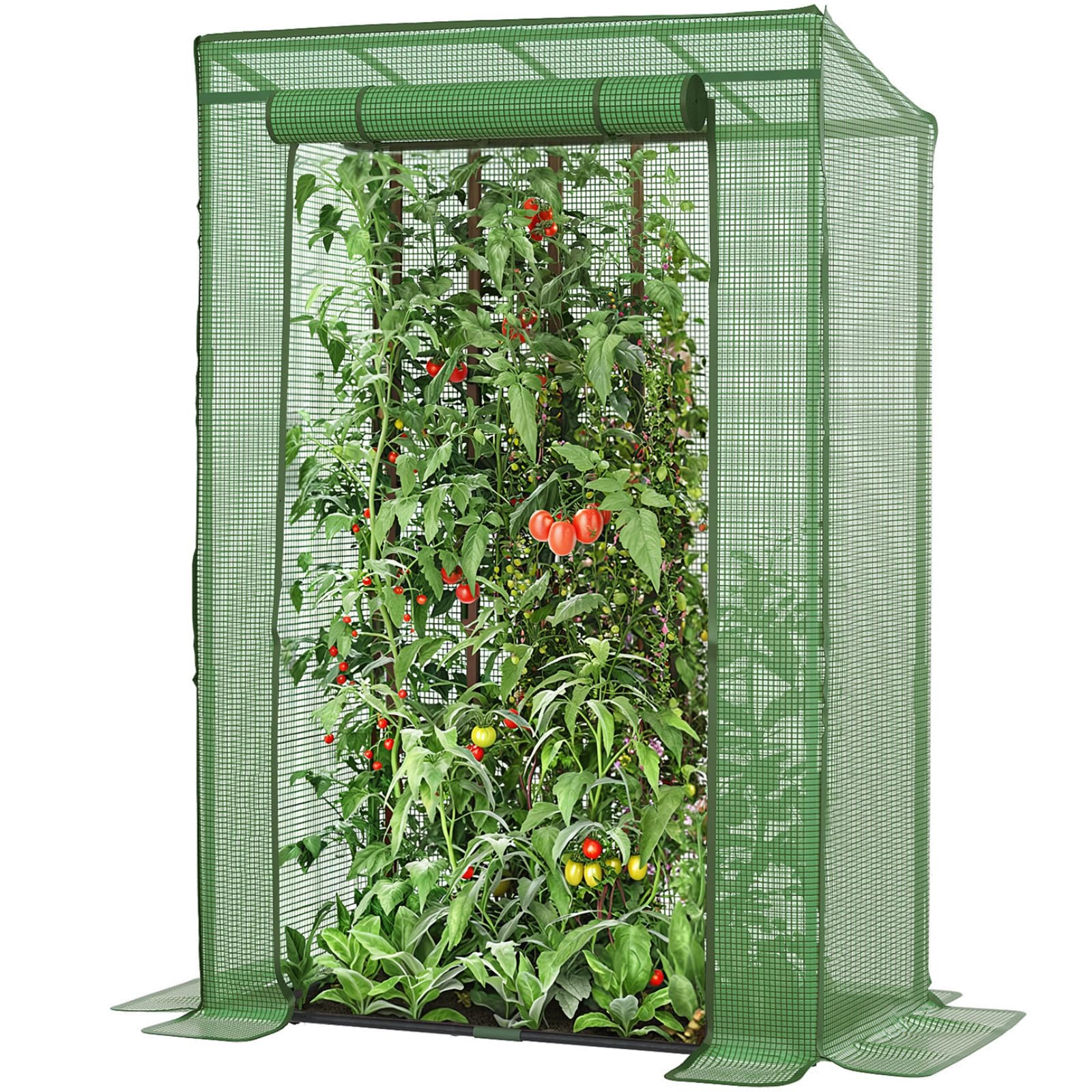 LARMNEE Gewächshaus, Tomatengewächshaus, Gewächshaus Klein, Foliengewächshaus, Tomatenhaus Stabil, mit PE Gitterfolie und Tür zum Aufrollen, 100 x 50 x 150 cm, Gemüse, Blumen, Garten
