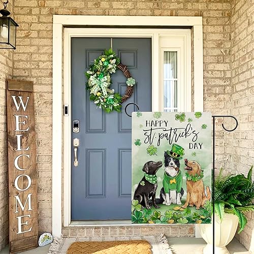 Miniatura 6 de Hzppyz Bandera de jardín con diseño de perros del Día de San Patricio, de doble cara, trébol de trébol dorado para cachorros, decoración pequeña