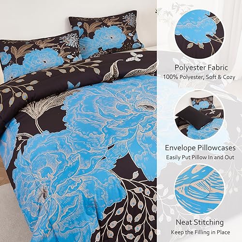 Miniatura 5 de PERFEMET Juego de edredón tamaño Queen, juego de ropa de cama botánica floral, diseño estampado de flores blancas y hojas doradas, 3 piezas, 1