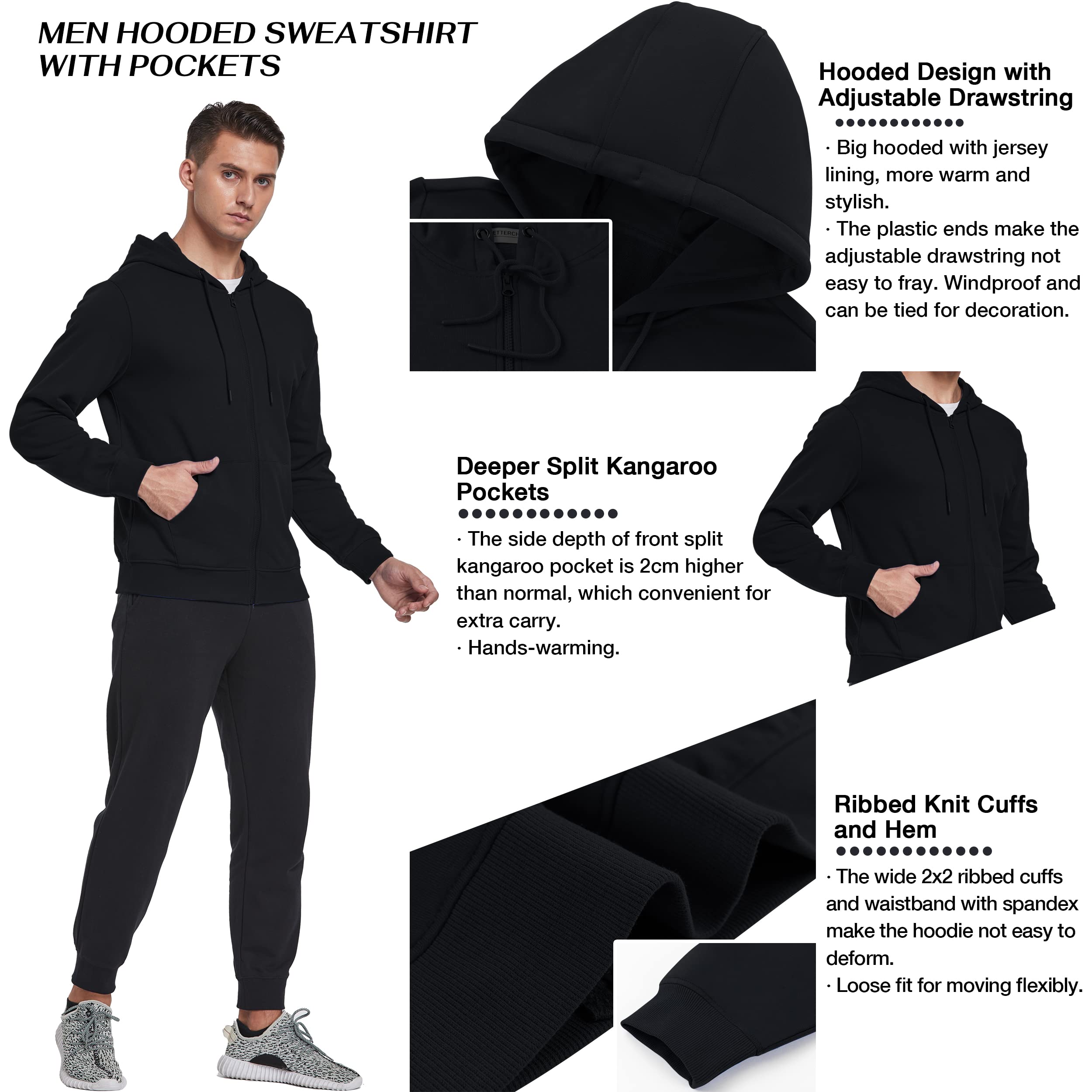 BETTERCHIC Męska bluza z kapturem sportowa miękka szczotkowana bluza polarowa z kapturem sznurek na zamek błyskawiczny bluza z kapturem rozmiar S-3XL, Czarny, M