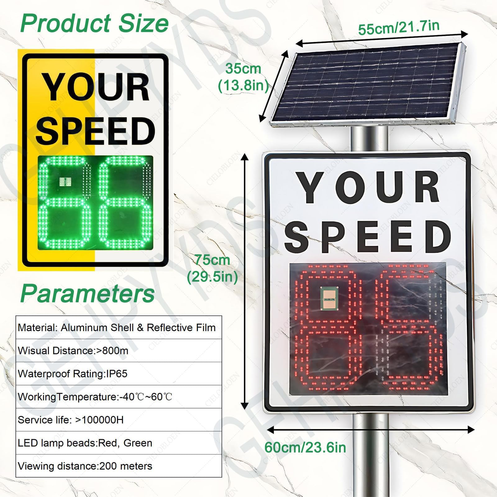 Señal de advertencia de velocidad de radar solar, pantalla de 2 dígitos (75 x 60 cm), control remoto inalámbrico LED de retroalimentación de velocidad, alerta de exceso de velocidad (rojo), para zonas