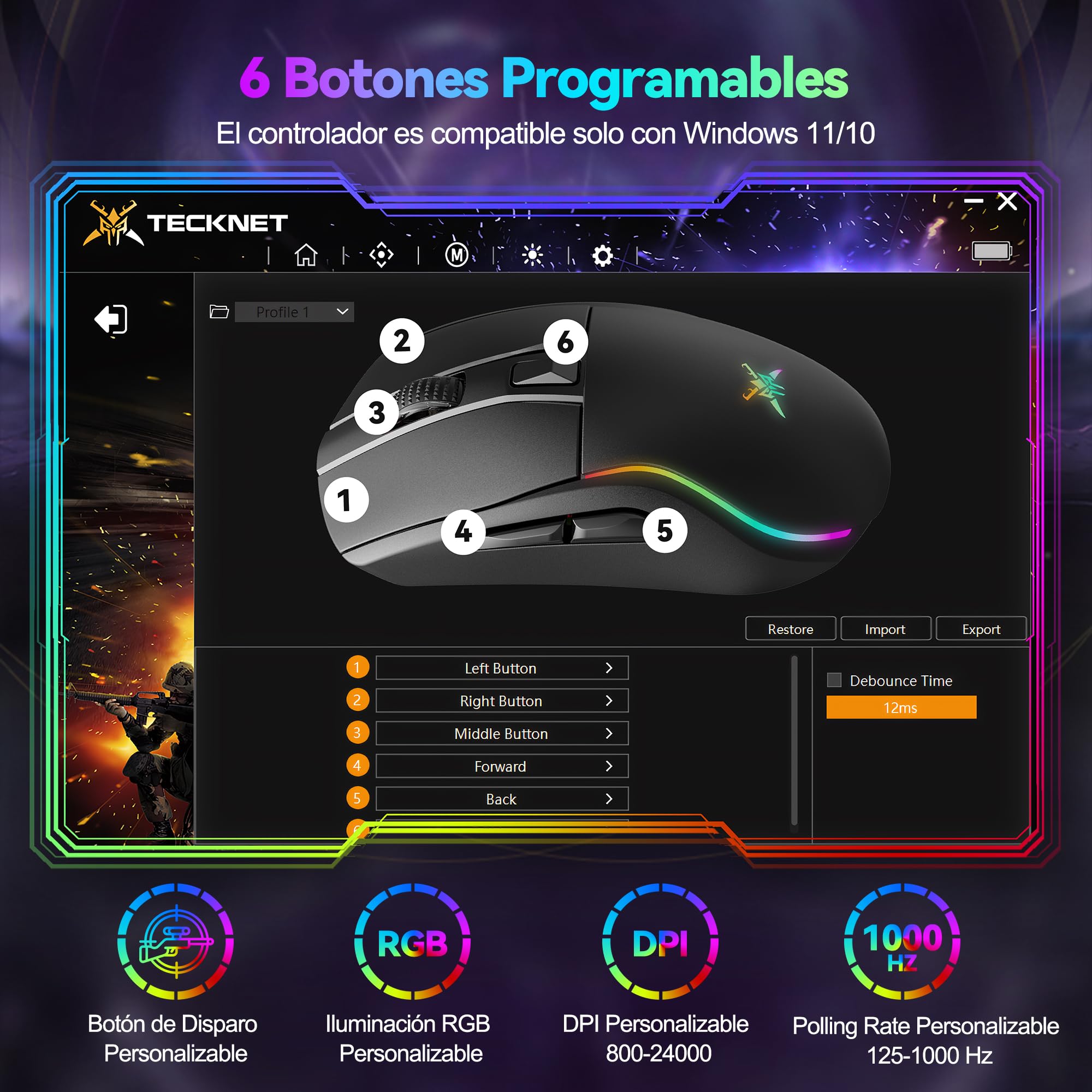 TECKNET Ratón Gaming Inalámbrico 24000 dpi, Conexión Bluetooth / 2.4G / USB-C, Recargable, 1000 Hz Tasa de Sondeo, 6 Botones Programables y Luces RGB Personalizables, Ergonómico para PC/Mac