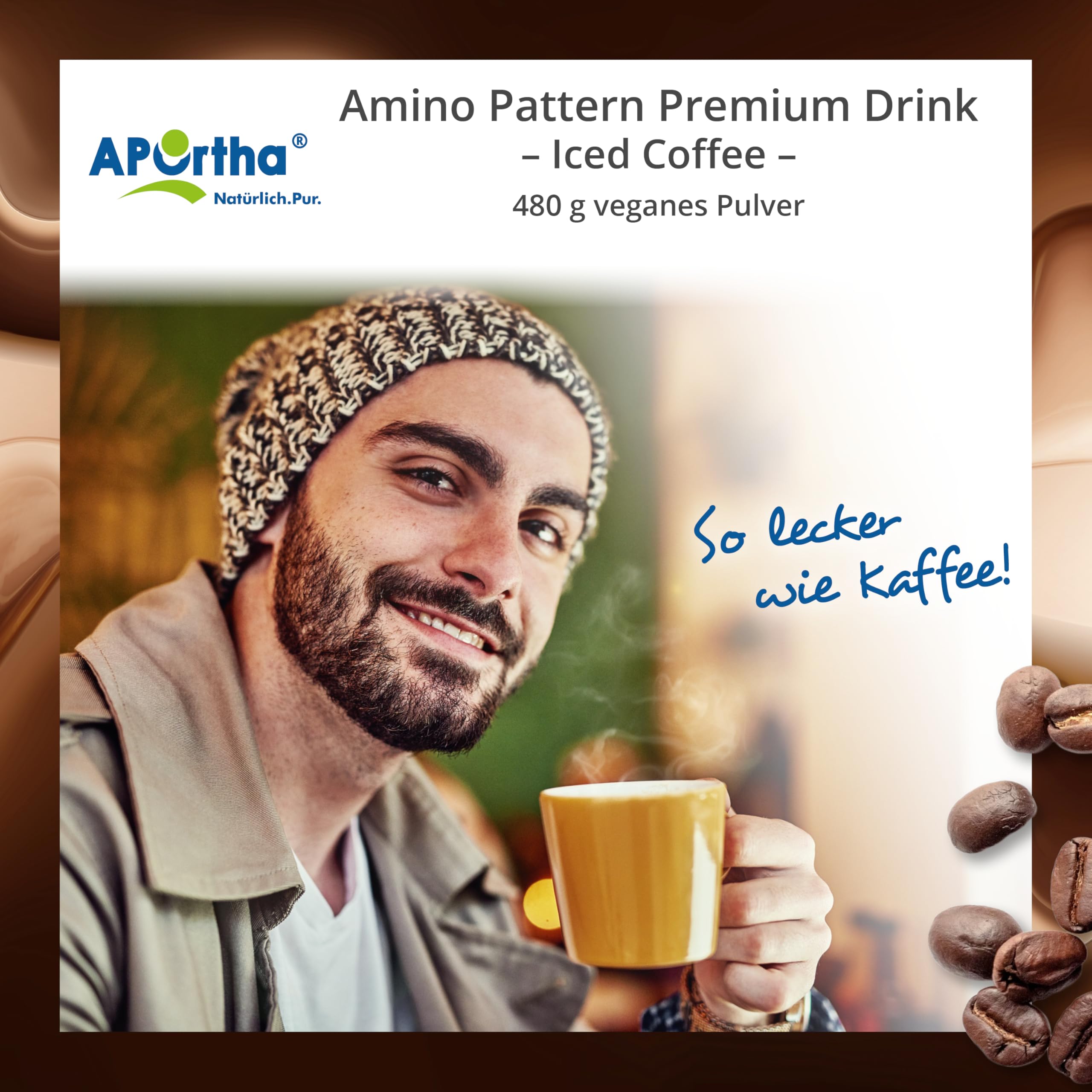 APOrtha® Multi Essential Amino Pattern Premium Drink – 480 g Iced Coffee mit echtem Kaffee, 8 essentielle Aminosäuren nach Prof. Dr. Lucà-Moretti, ausgewogenes Aminosäuren-Profil, EAA Pulver