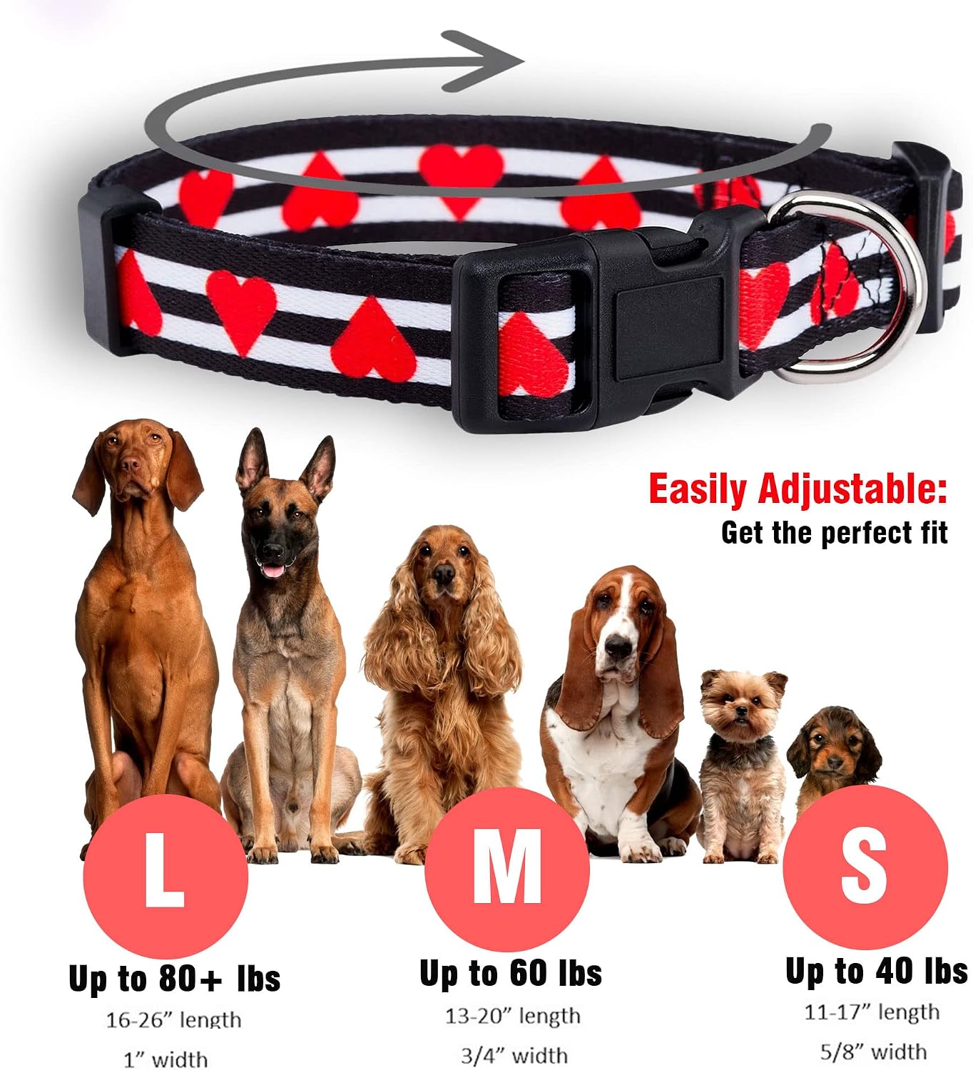 Native Pup Valentine’s Dog Collar- Valentines Day Pet Collars- Valentine Girly Hearts- Pink Red Heart- Cute Boy Girl Puppy Gift- Adjustable for Small, Medium, Large Breeds (Striped Hearts, Small) image 3