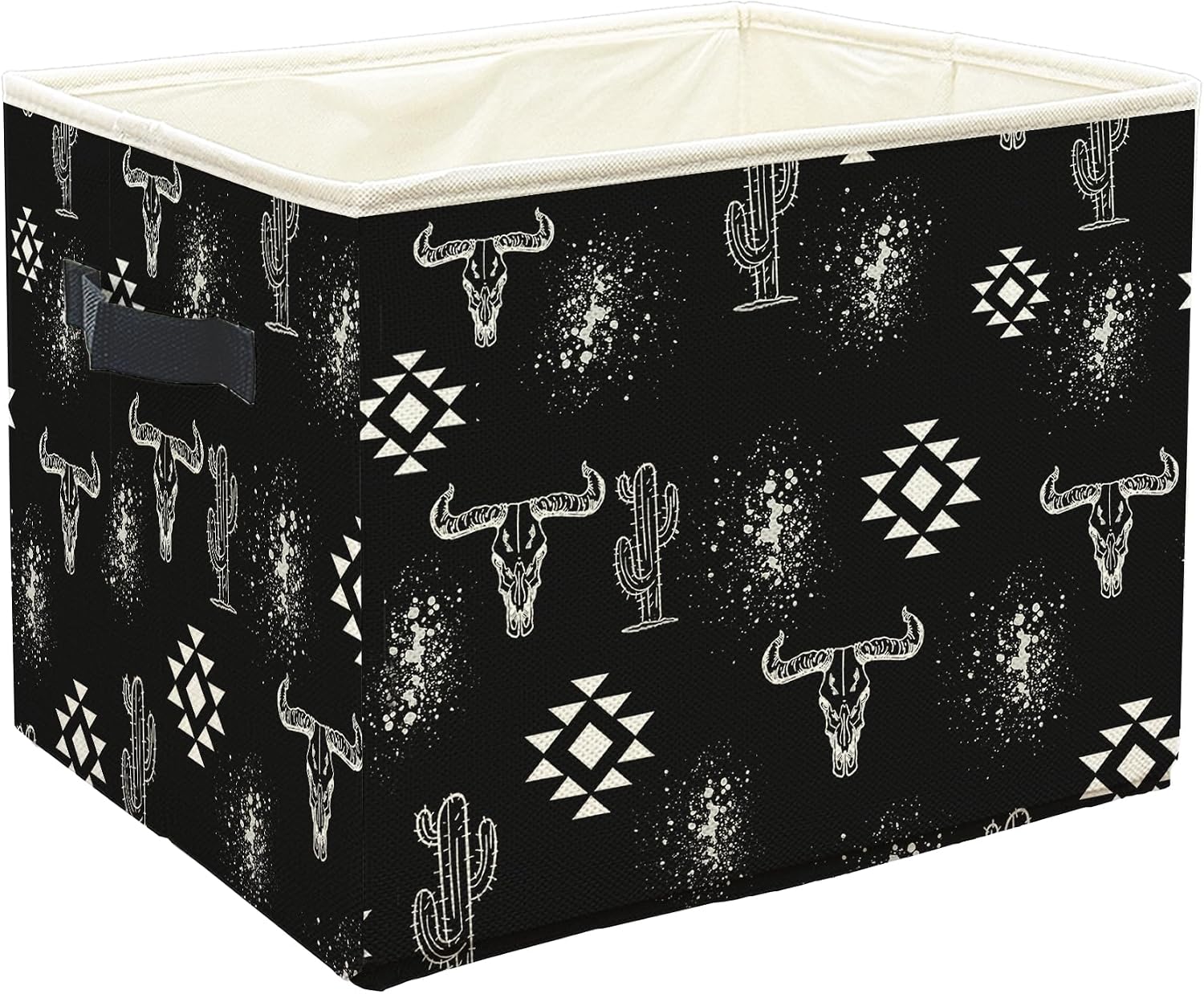 WFSM Black Western Storage Bin Organizer, Western Home Decor, Boho Cow Skull Aztec Cactus Collapsible Laundry Basket Storage Bin with Handles for Bedroom Bathroom Toys Clothes Books