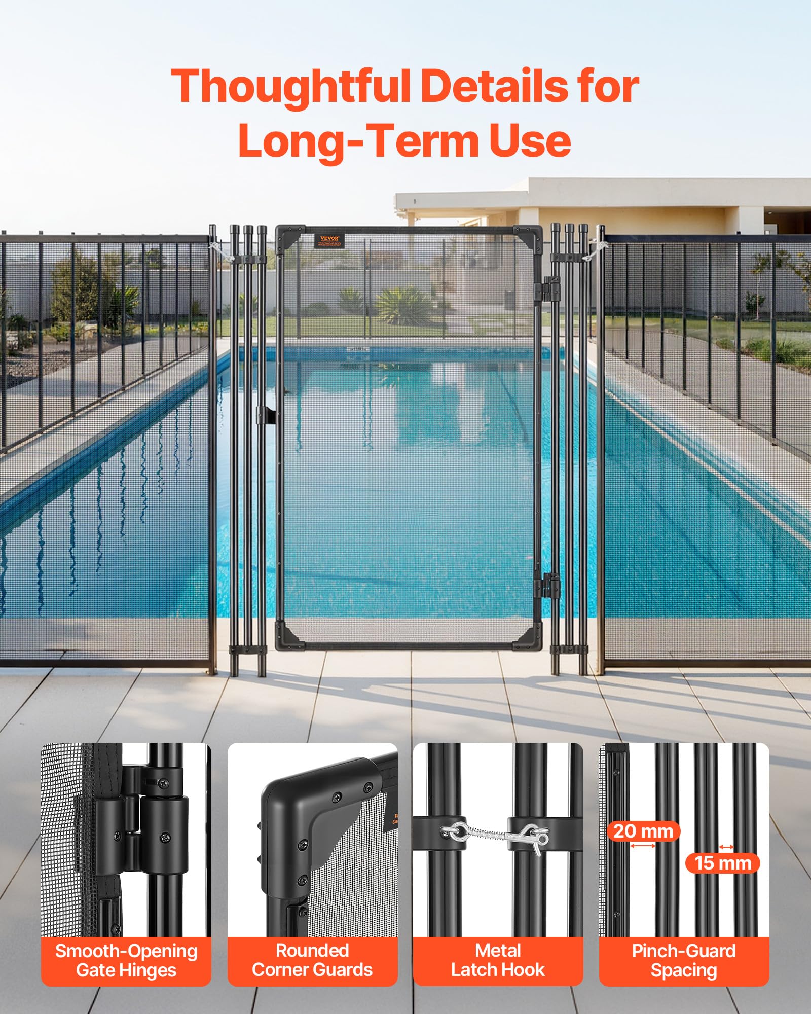 VEVOR Portillon de Barrière Piscine Amovible 1,2x0,75 m, Portillon de Sécurité pour Piscine Enterrée et Clôture Extérieure, Kit avec Loquet Métallique, Maille Teslin PVC 352 g/m², Tube Rond, Noir