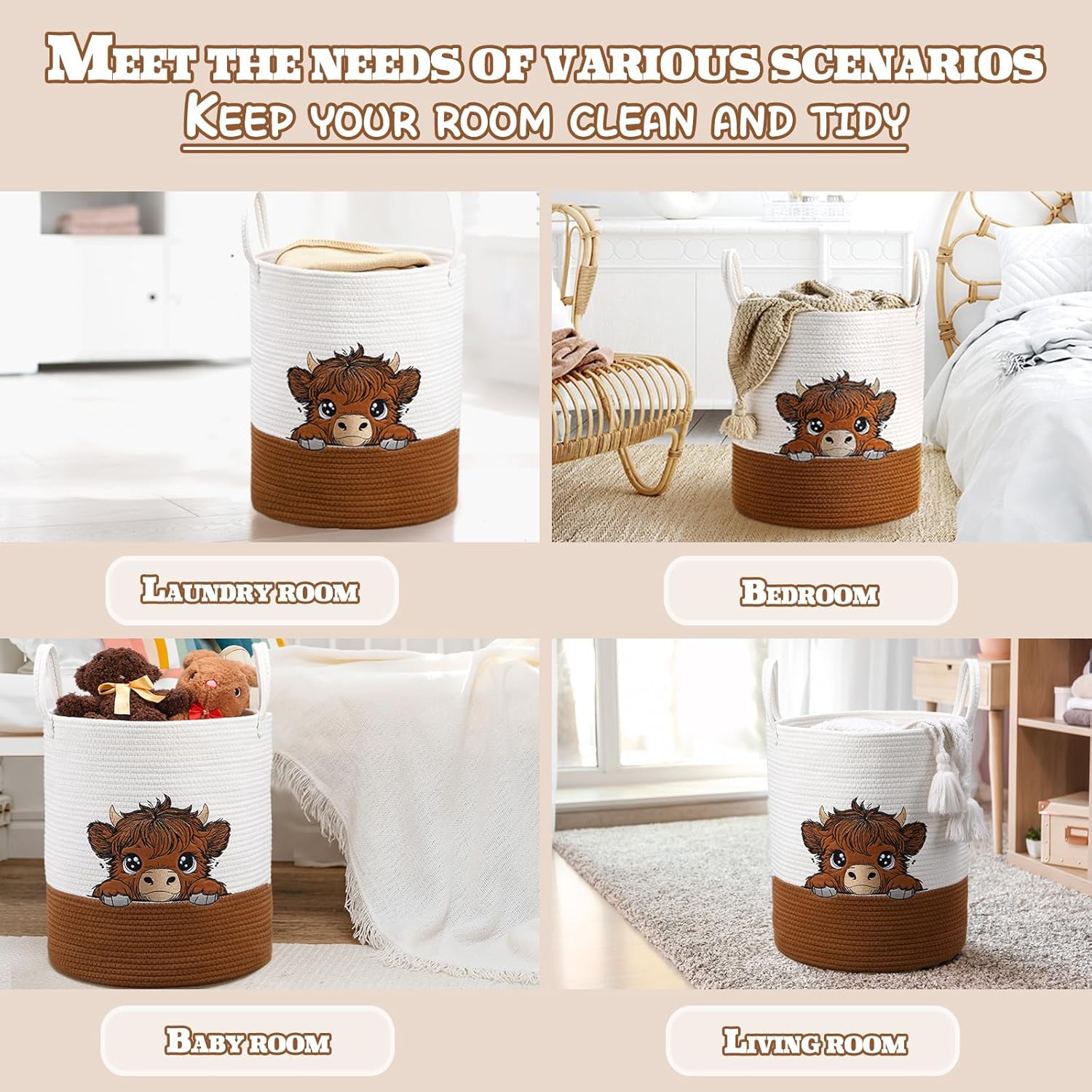 Honeydak Highland Cow Laundry Basket Brown Tall Cotton Rope Laundry Hamper Large Nursery Storage Basket for Toy Clothe Bathroom Bedroom Organization Decor, 15 x 17.7 Inches