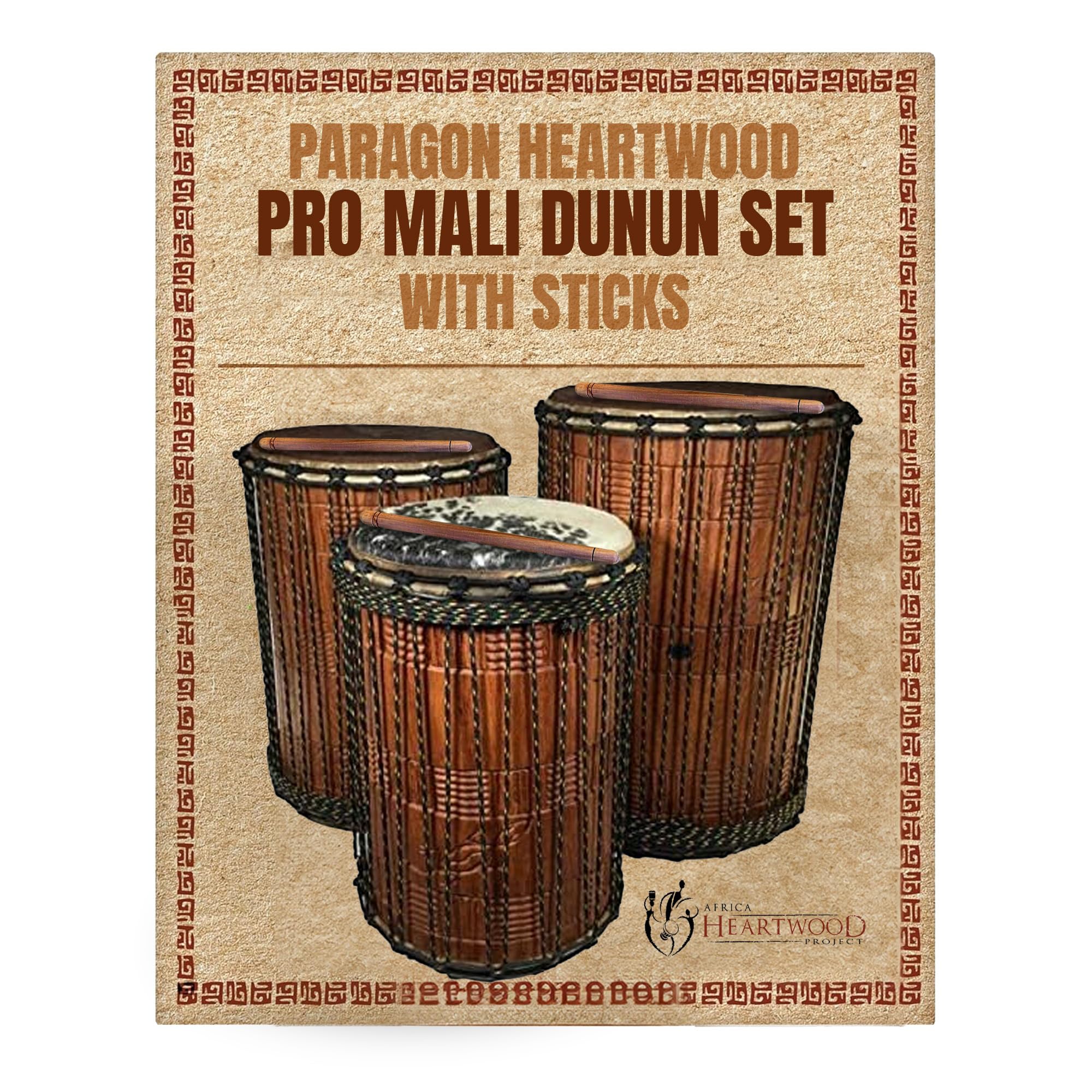 Africa Heartwood Project Paragon Heartwood Pro Mali Dunun Set - 3 African Dundun Bass Drum Set with Sticks - Dundumba, Sangban, and Kenkeni - Solid Wood w/Cow Skin, Ideal for Performances & Recordings