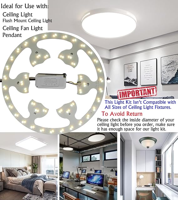 24W LED Flush Mount Ceiling Fan Ring Light Kit Replacement,Retrofit LED Light Engine Panel, 3 CCT: 3000K 4500K 6000K