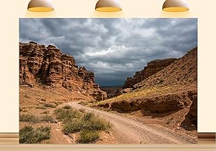 5X3ft Fabric Desert Canyon Landscape Photography Backdrop, Red Rock Formation, Stormy Sky, Dirt Road Nature Scene for Studio, Party, Home Wall Decor
