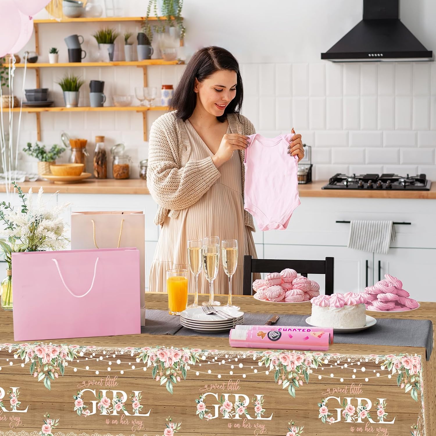 Avezano 6 pcs Girl Baby Shower Tablecloth Rustic Girl Baby Shower Party Decorations Floral Sweet Tablecovers Decor Large Size, 108 x 54 Inches