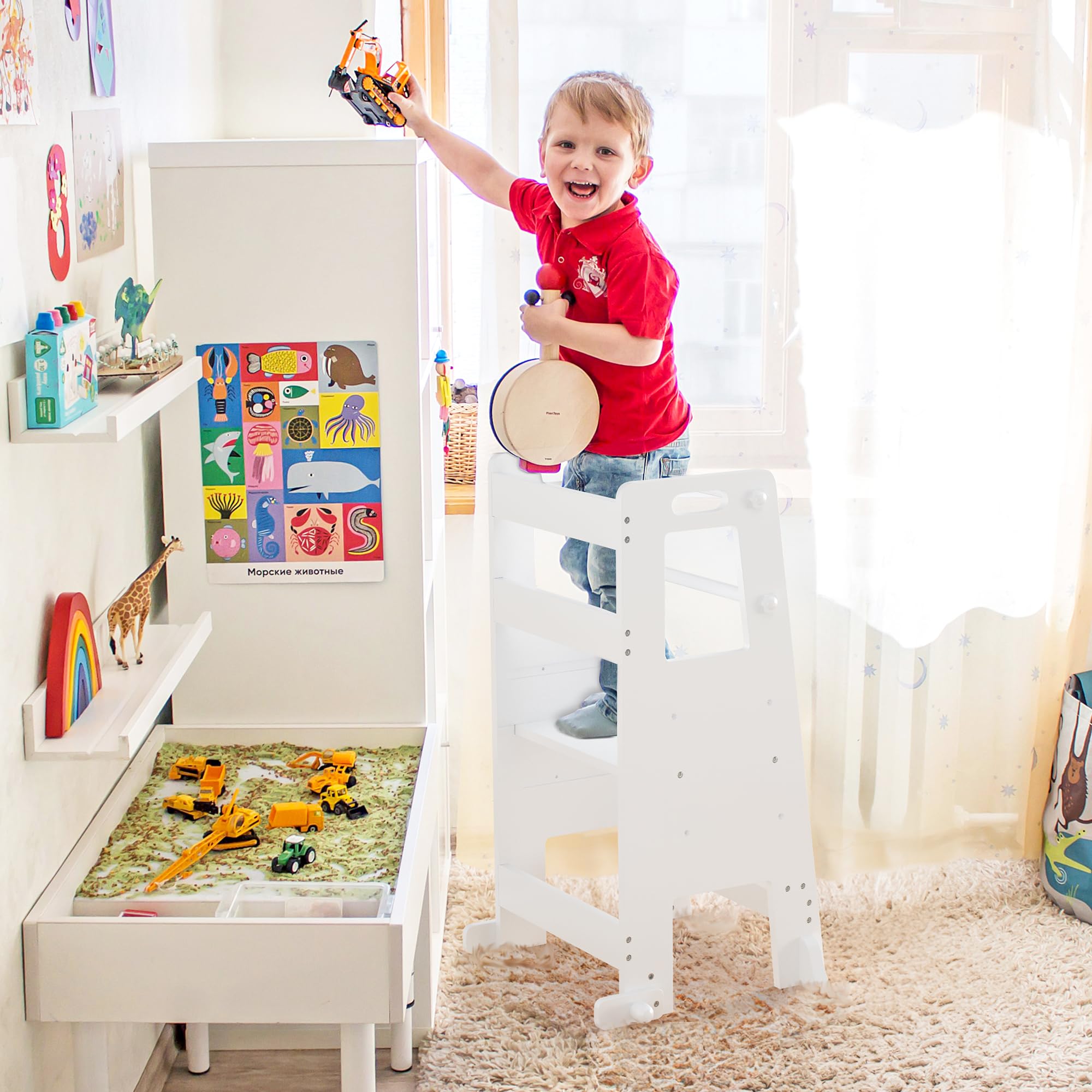 LUE BONA Lernturm für ab 1 Jahr,Kinderküchen Tritthocker mit Sicherheitsschienen,höhenverstellbarer Lernturm mit Sicherheitsschiene für Bad,Kinderzimmer, Küchentisch,Schlafzimmer,Weiß